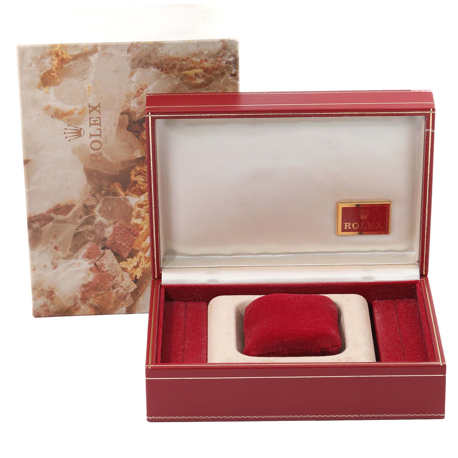 The image shows a Rolex President 68278G Women's Yellow Gold Champagne Dial 68278G Women's Yellow Gold Champagne Dial model watch box, featuring the open case with a red and beige cushioned interior and decorative outer box.