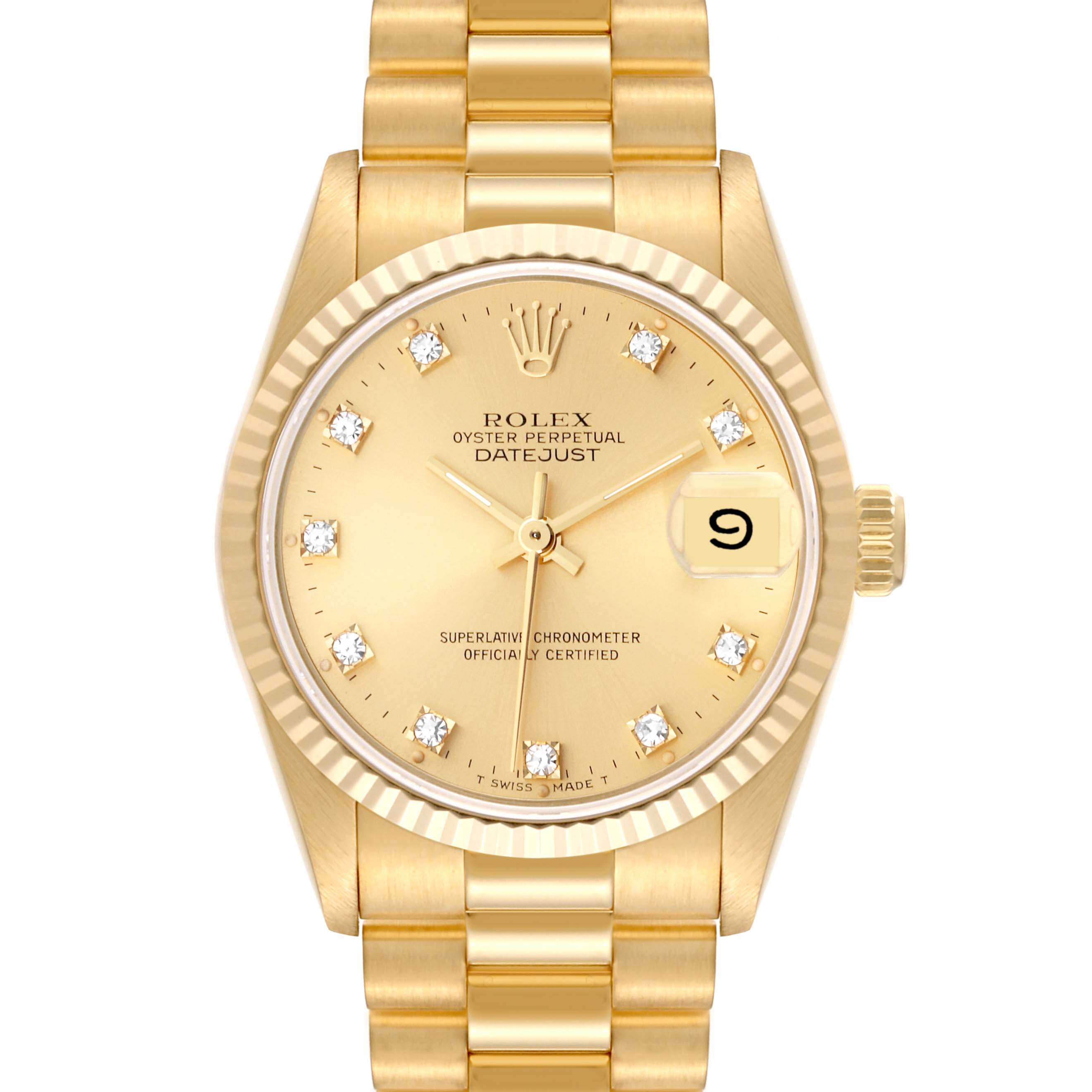 The image shows a front view of a Rolex President 68278G Women's Yellow Gold Champagne Dial 68278G Women's Yellow Gold Champagne Dial Datejust watch, highlighting the dial, bezel, and a part of the bracelet.
