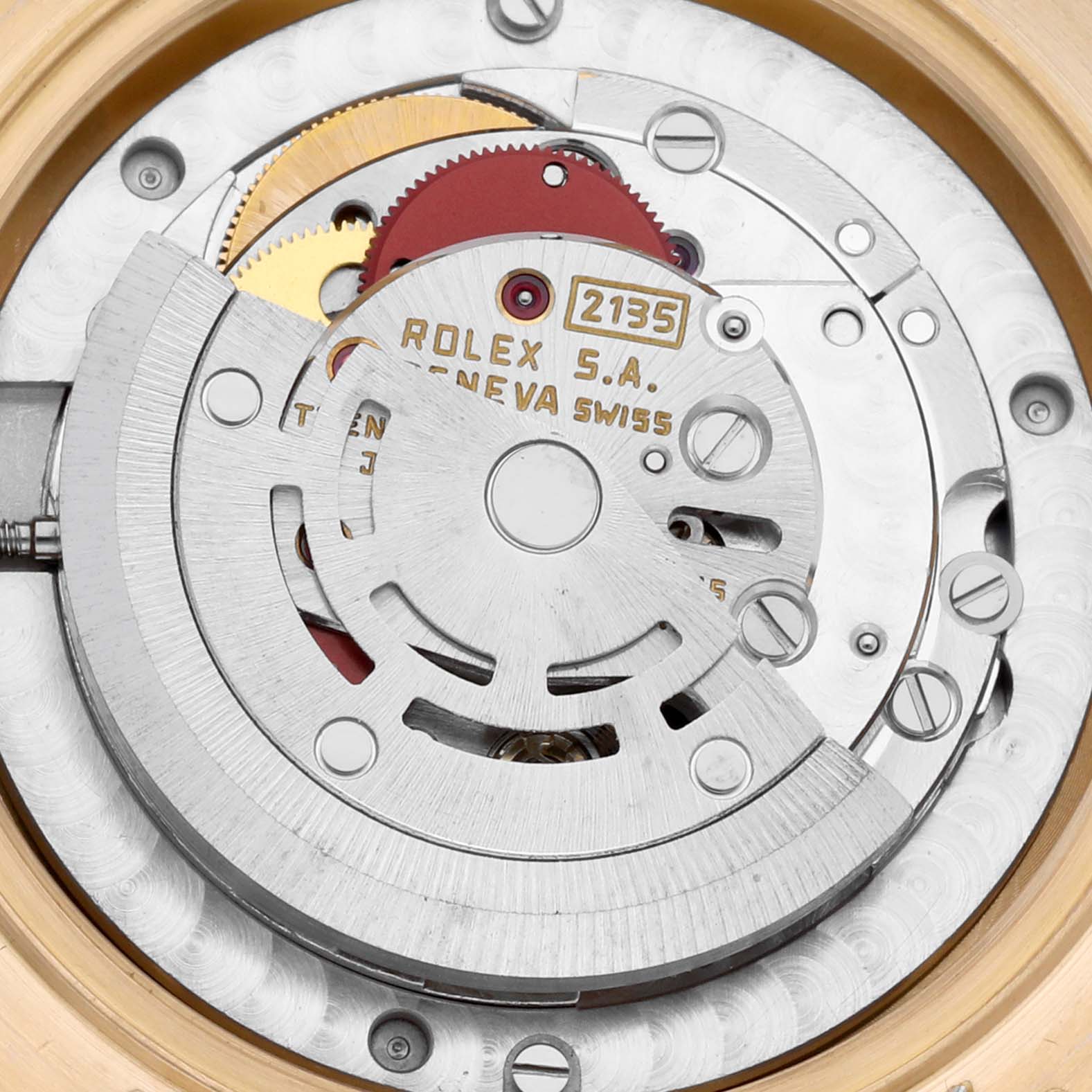 This image shows a close-up view of the movement mechanism of a Rolex President 68278G Women's Yellow Gold Champagne Dial 68278G Women's Yellow Gold Champagne Dial model watch.