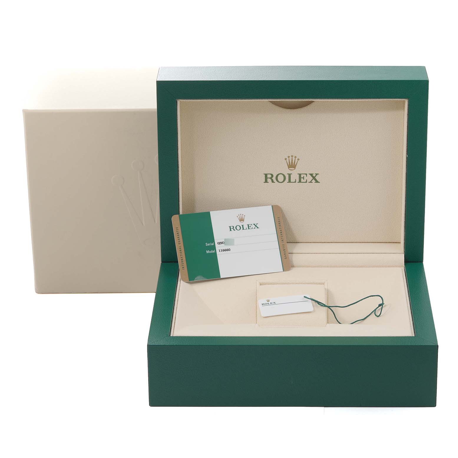 This image shows the packaging and accessories for the Rolex Sea-Dweller 116660 Men's Stainless Steel Blue Dial 116660 Men's Stainless Steel Blue Dial, including a green box, warranty card, and tags.