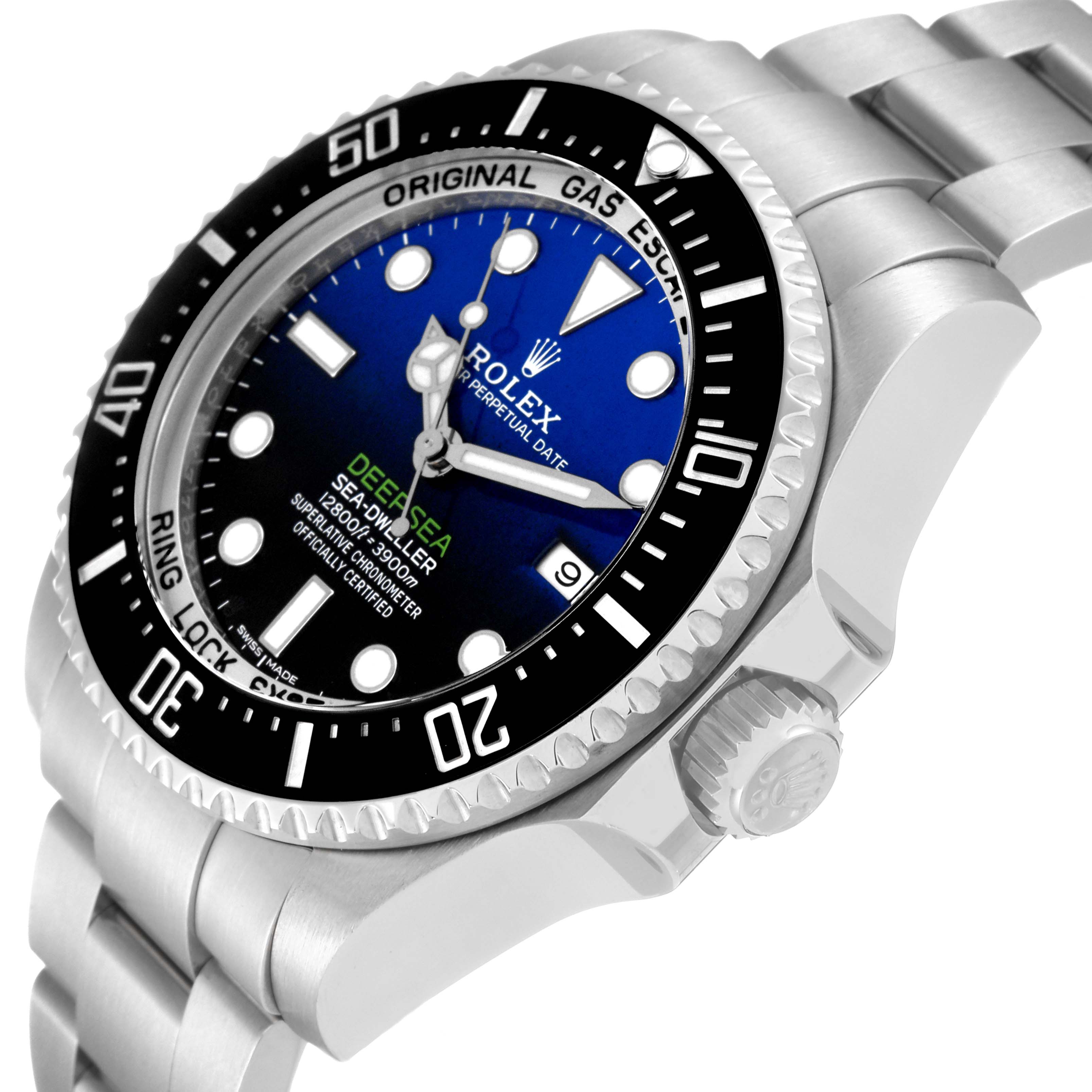 The image shows a side view of the Rolex Sea-Dweller 116660 Men's Stainless Steel Blue Dial 116660 Men's Stainless Steel Blue Dial watch, highlighting the dial, bezel, crown, and bracelet.