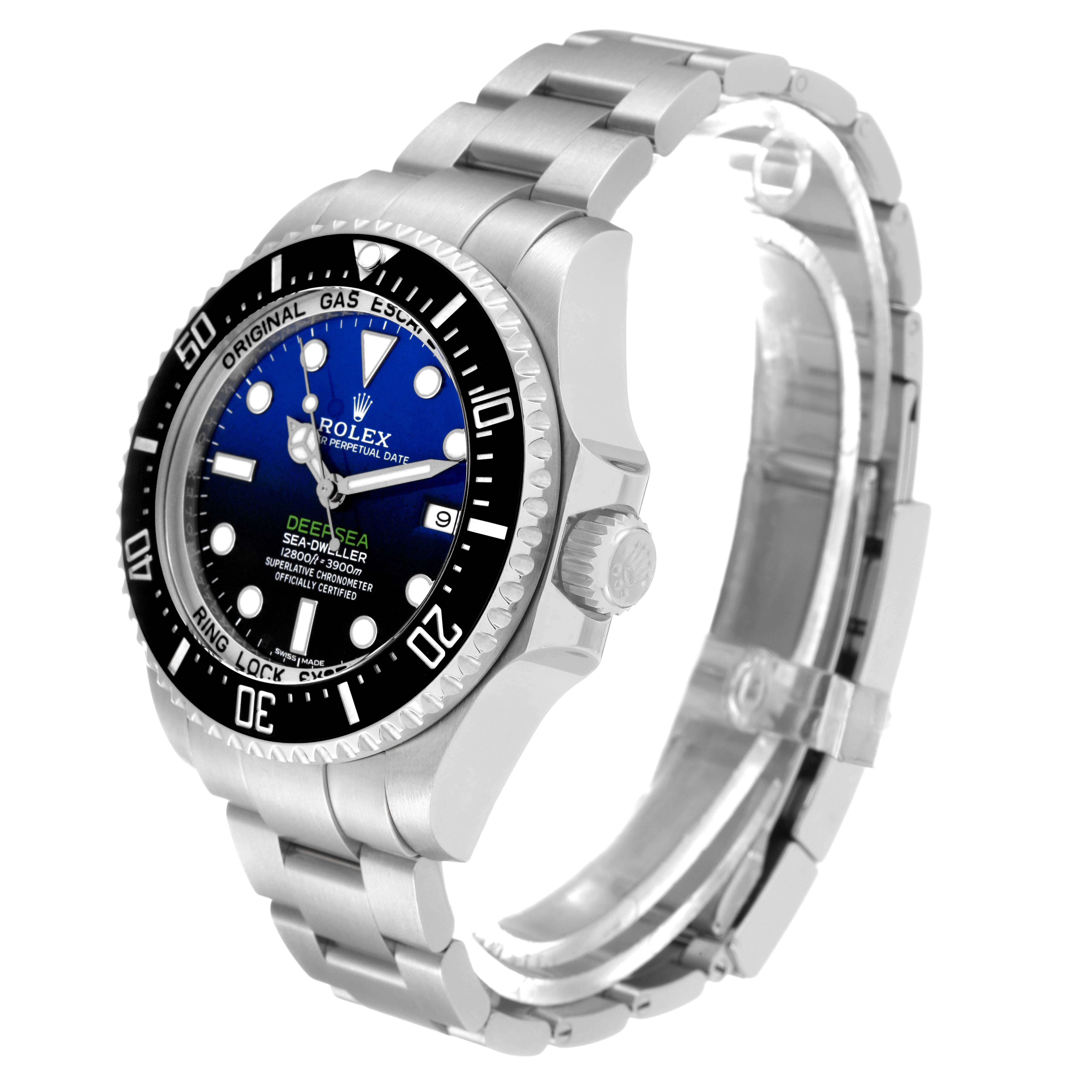 The image shows a Rolex Sea-Dweller 116660 Men's Stainless Steel Blue Dial 116660 Men's Stainless Steel Blue Dial watch at an angled side view, highlighting the face, bezel, and bracelet.
