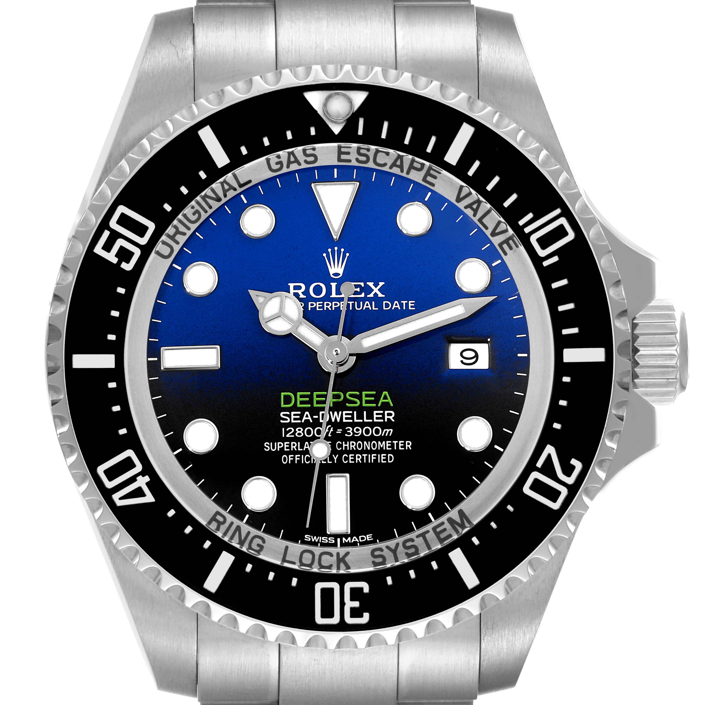 This Rolex Sea-Dweller 116660 Men's Stainless Steel Blue Dial 116660 Men's Stainless Steel Blue Dial watch is shown from a front angle displaying the dial, bezel, crown, and part of the bracelet.