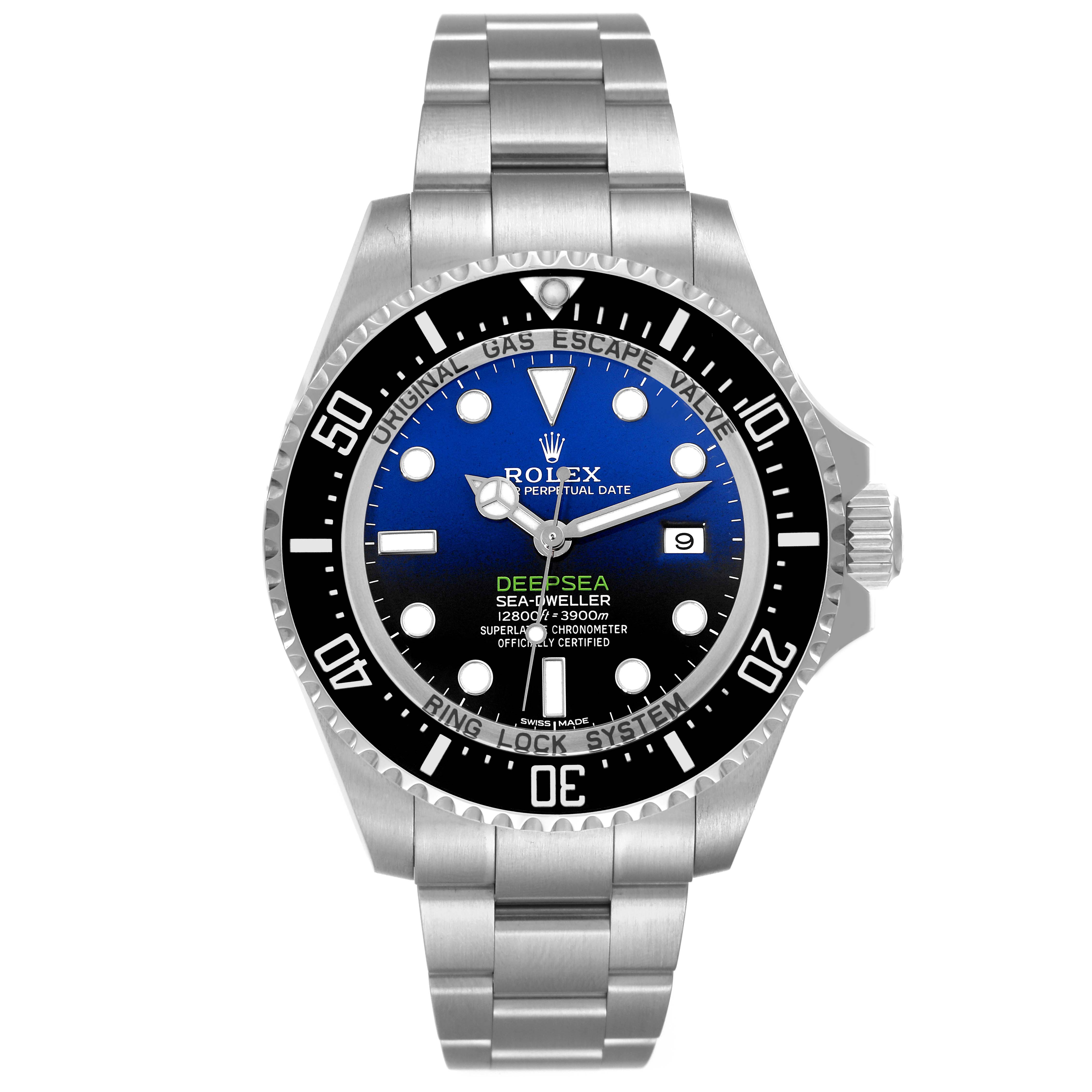 This image shows a front view of a Rolex Sea-Dweller 116660 Men's Stainless Steel Blue Dial 116660 Men's Stainless Steel Blue Dial watch including the bezel, dial, and bracelet.