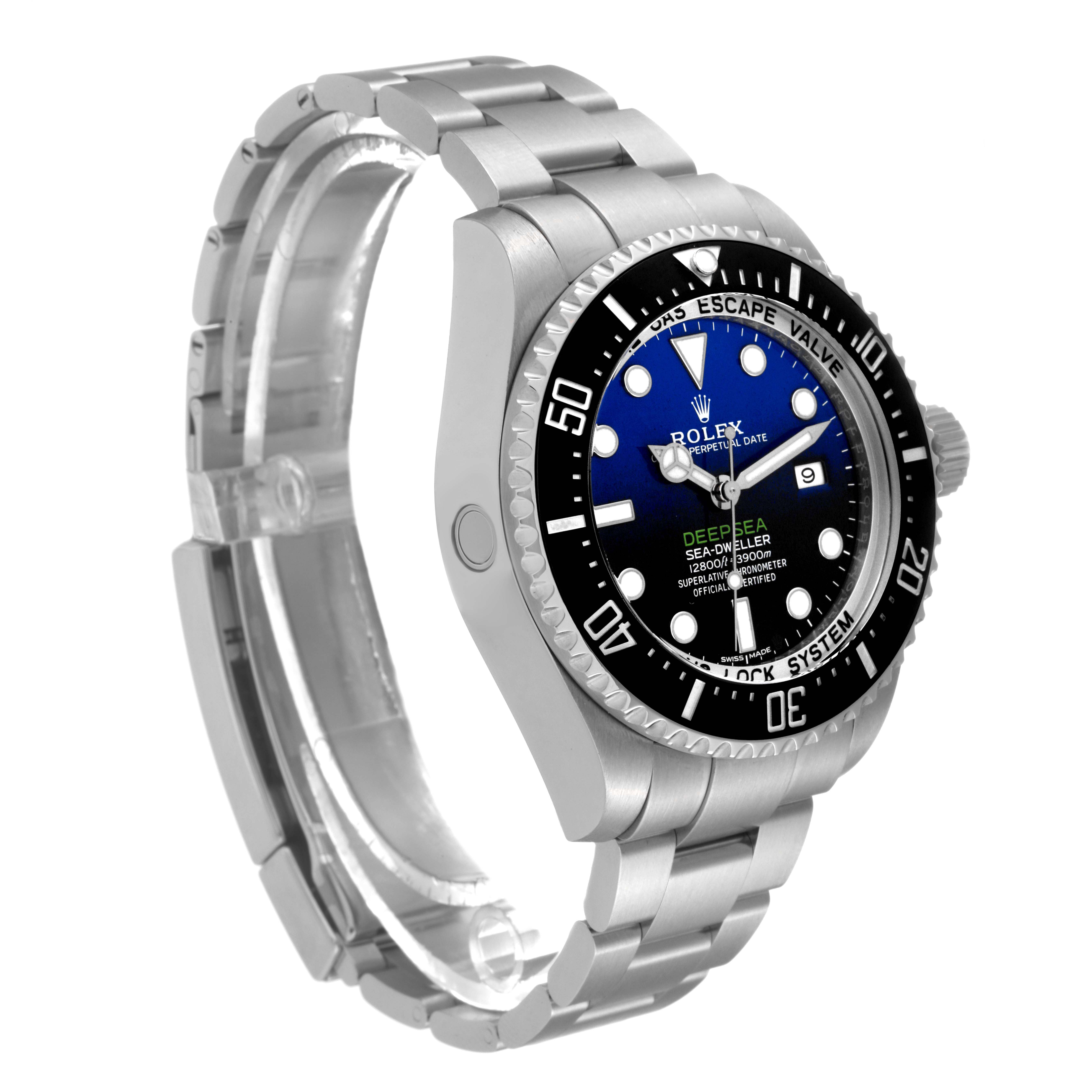 This image shows a left-side view of the Rolex Sea-Dweller 116660 Men's Stainless Steel Blue Dial 116660 Men's Stainless Steel Blue Dial watch, highlighting its dial, bezel, bracelet, and crown.