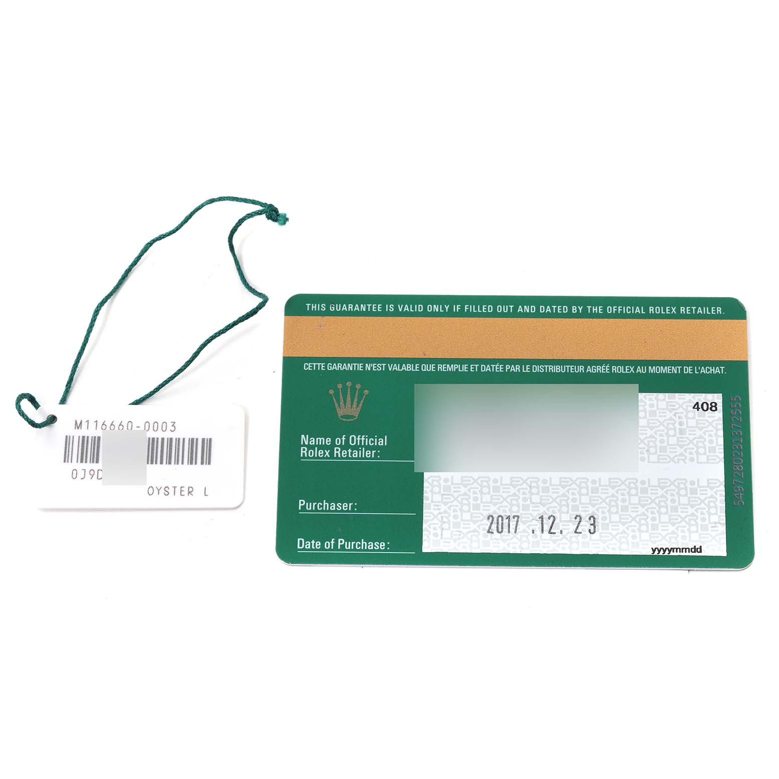 The image shows the warranty card and tag for a Sea-Dweller model watch by Rolex.