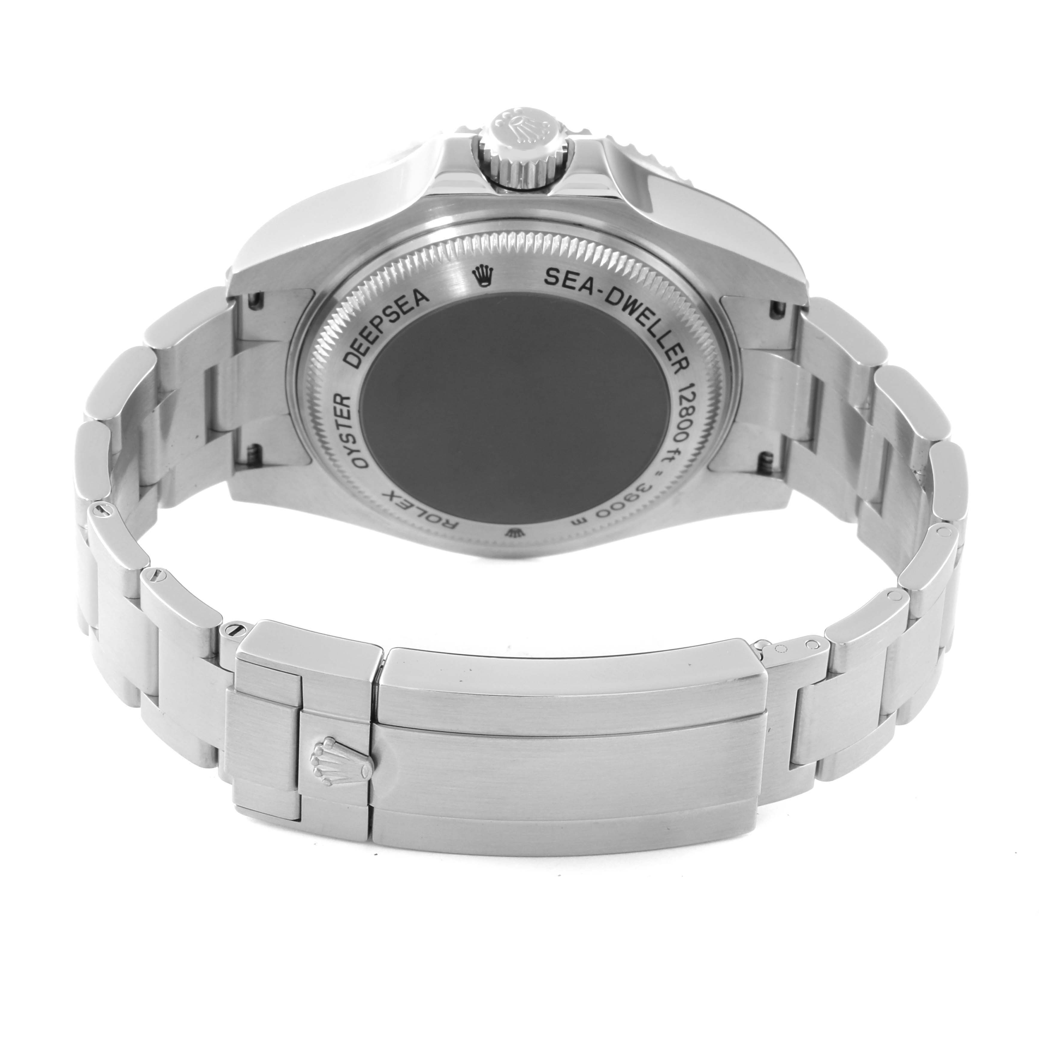 This image shows the back case and the bracelet of the Rolex Sea-Dweller 116660 Men
s Stainless Steel Black Dial 116660 Men
s Stainless Steel Black Dial watch, including the clasp and part of the crown.