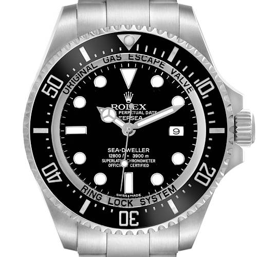 This image shows the front view of the Rolex Sea-Dweller watch, highlighting the dial, bezel, hands, and crown.