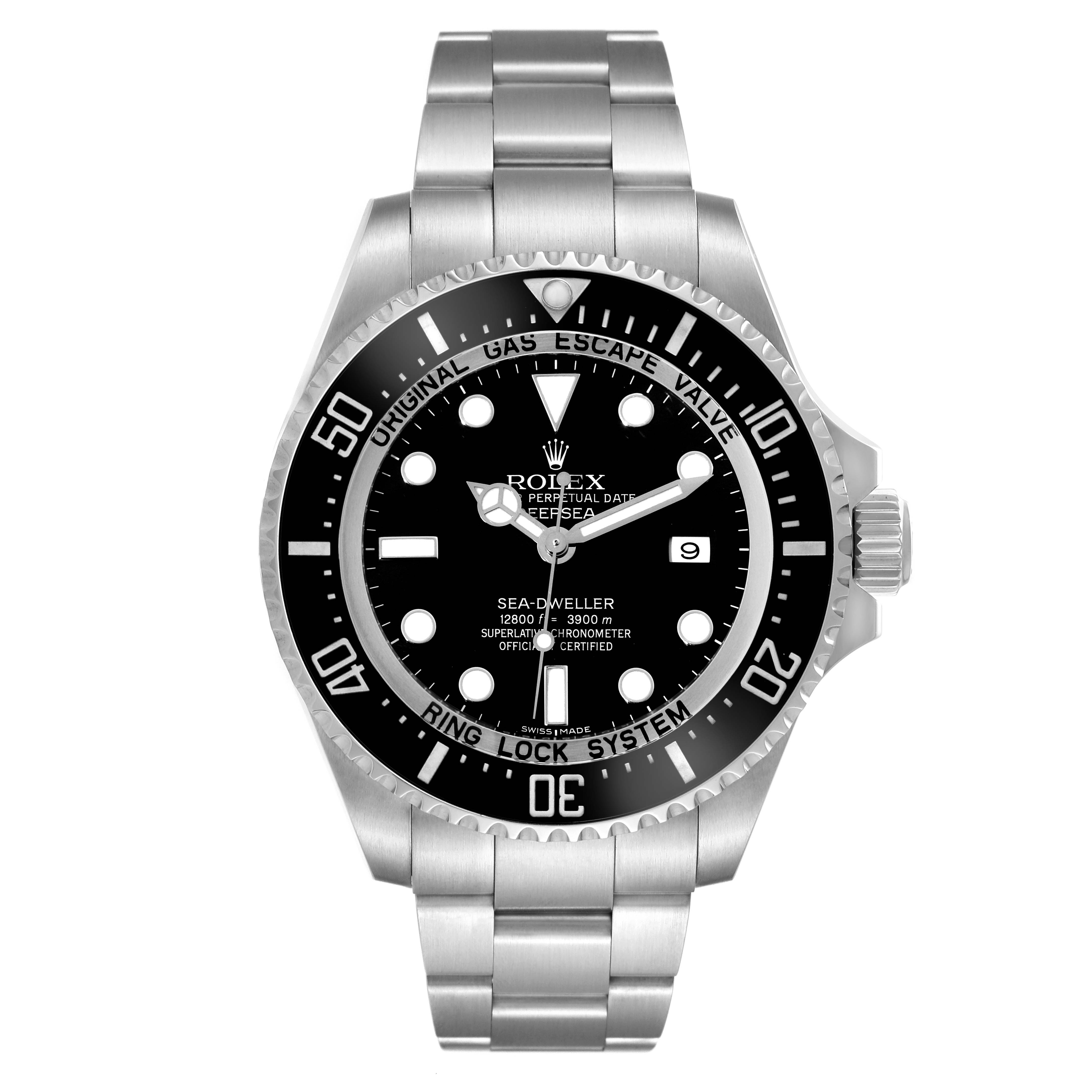The Rolex Sea-Dweller 116660 Men
s Stainless Steel Black Dial 116660 Men
s Stainless Steel Black Dial watch is shown from a front angle, displaying the face, bezel, and bracelet.