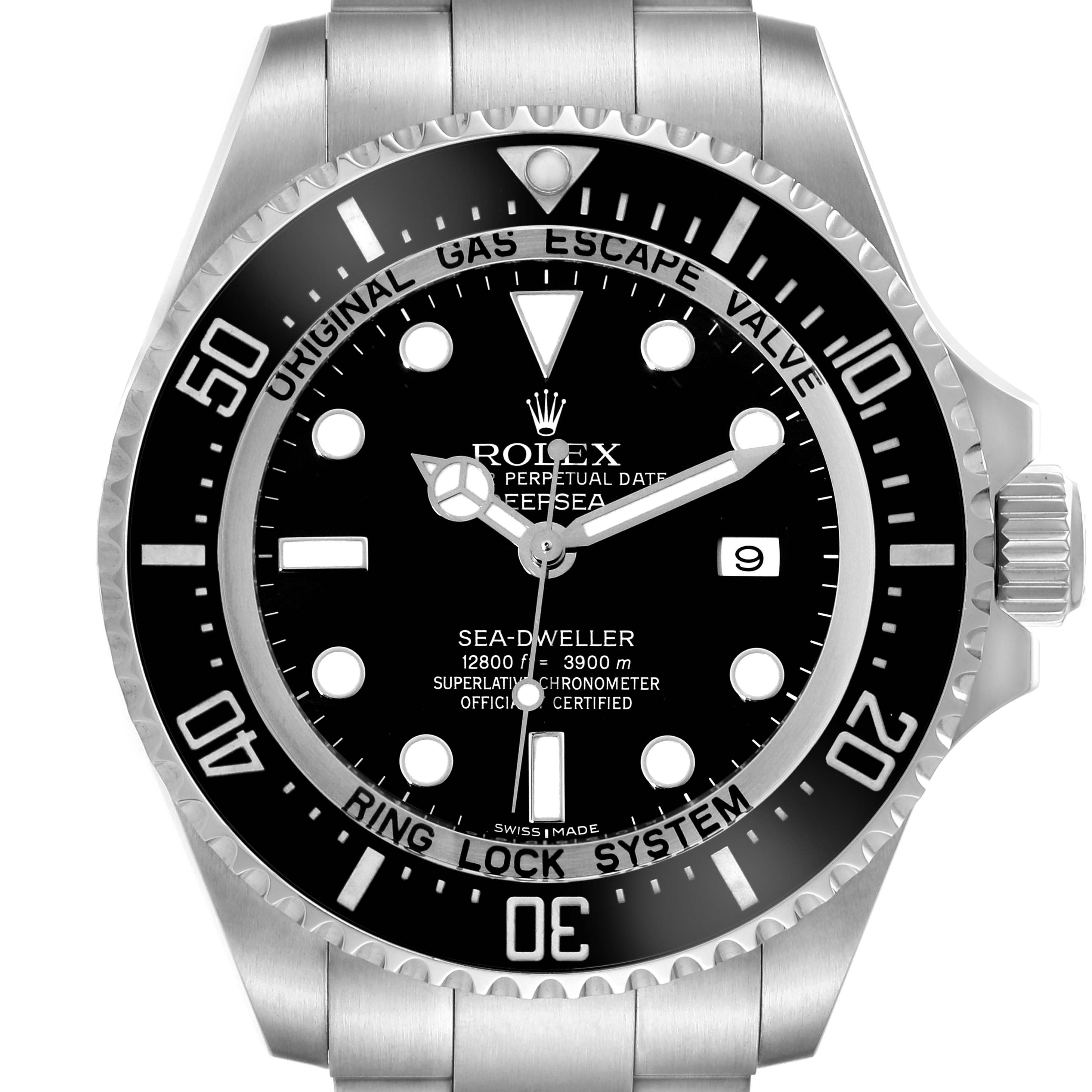 The image shows a front view of the Rolex Sea-Dweller 116660 Men
s Stainless Steel Black Dial 116660 Men
s Stainless Steel Black Dial watch, highlighting the dial, bezel, and crown.