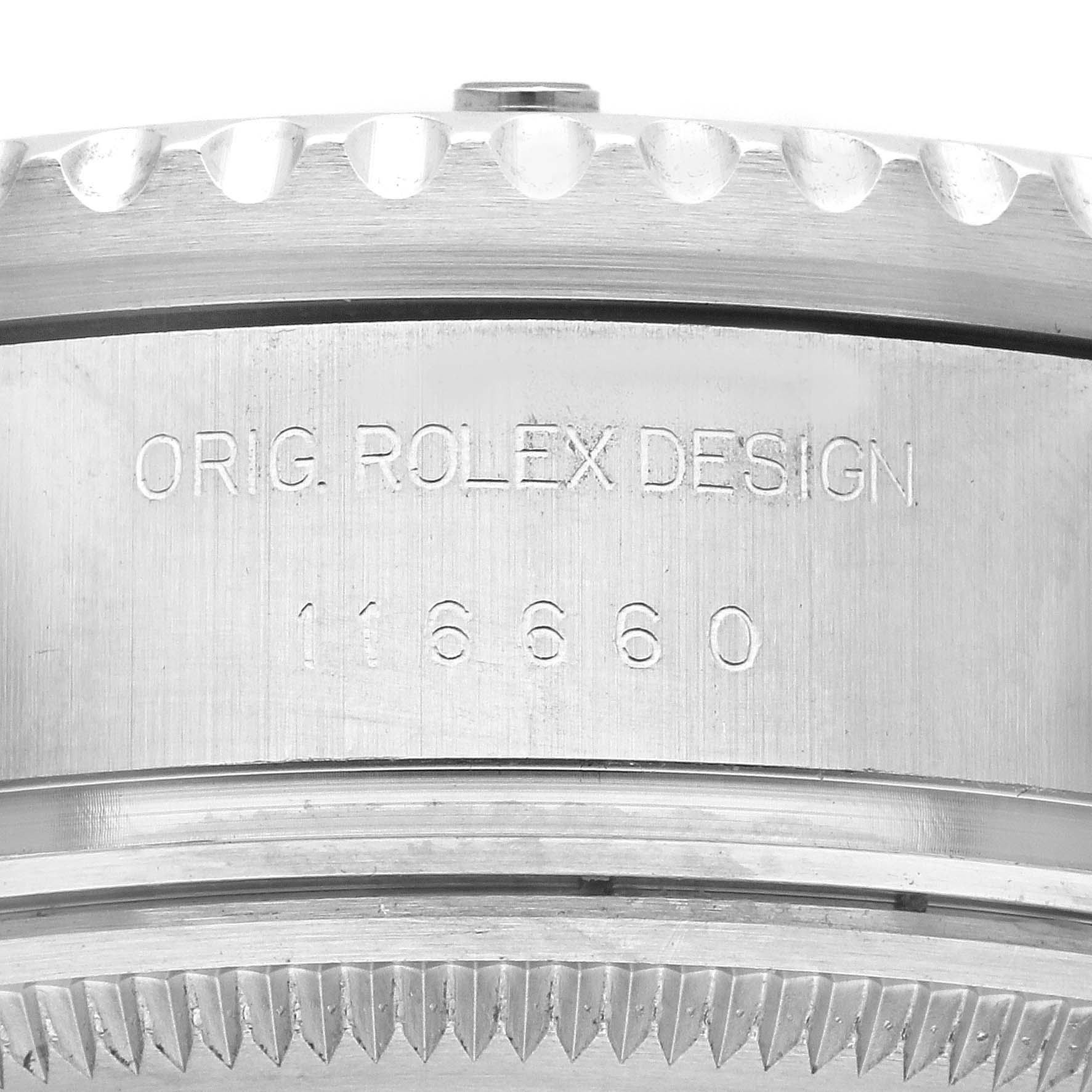 Close-up view of the side bezel and case engraving of a Rolex Sea-Dweller 116660 Men
s Stainless Steel Black Dial 116660 Men
s Stainless Steel Black Dial with model number 116660.