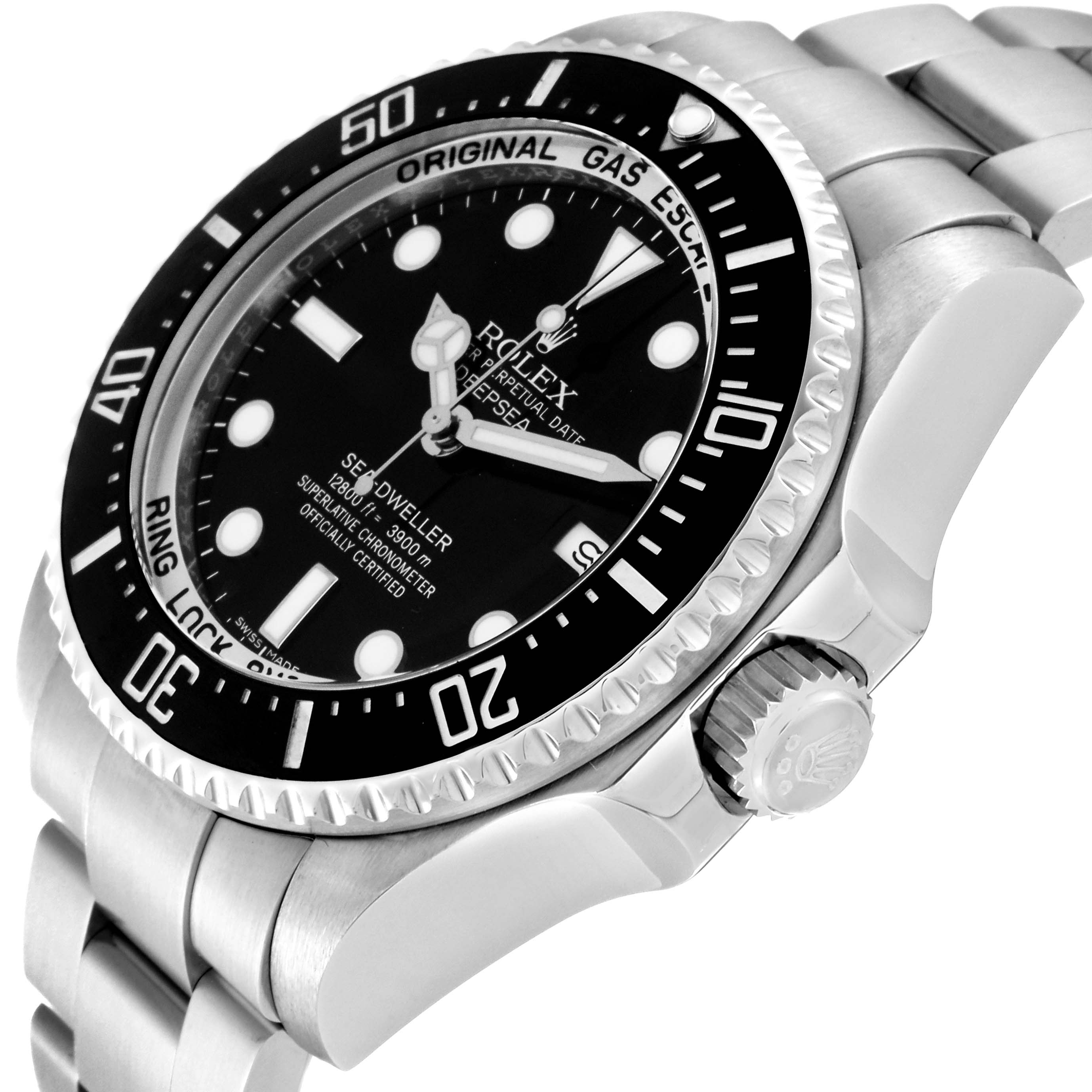 This image shows a close-up, angled view of the Rolex Sea-Dweller 116660 Men
s Stainless Steel Black Dial 116660 Men
s Stainless Steel Black Dial watch, highlighting the bezel, dial, and crown.