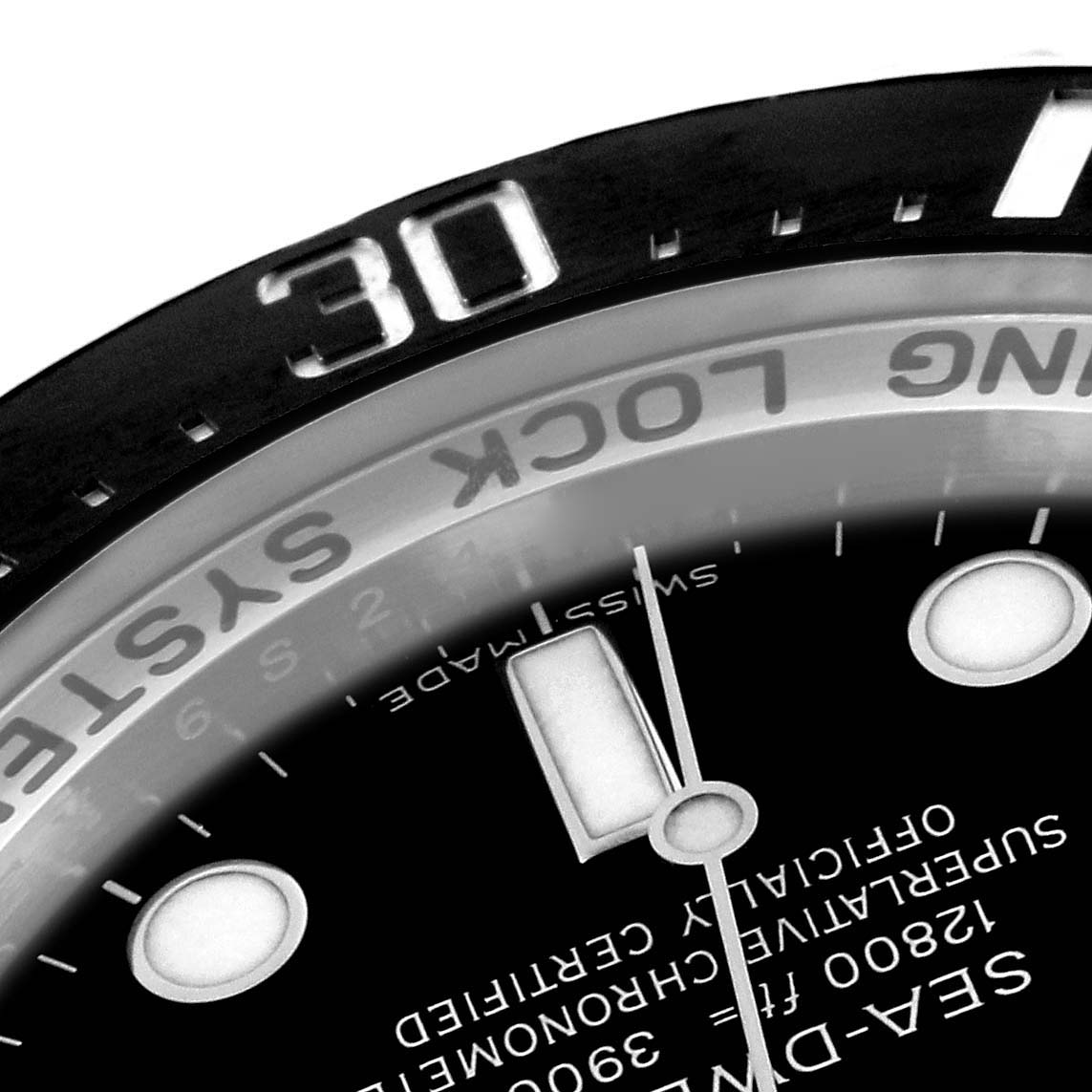 This image shows a close-up of the dial and bezel of a Rolex Sea-Dweller 116660 Men
s Stainless Steel Black Dial 116660 Men
s Stainless Steel Black Dial watch, focusing on the "30" mark.