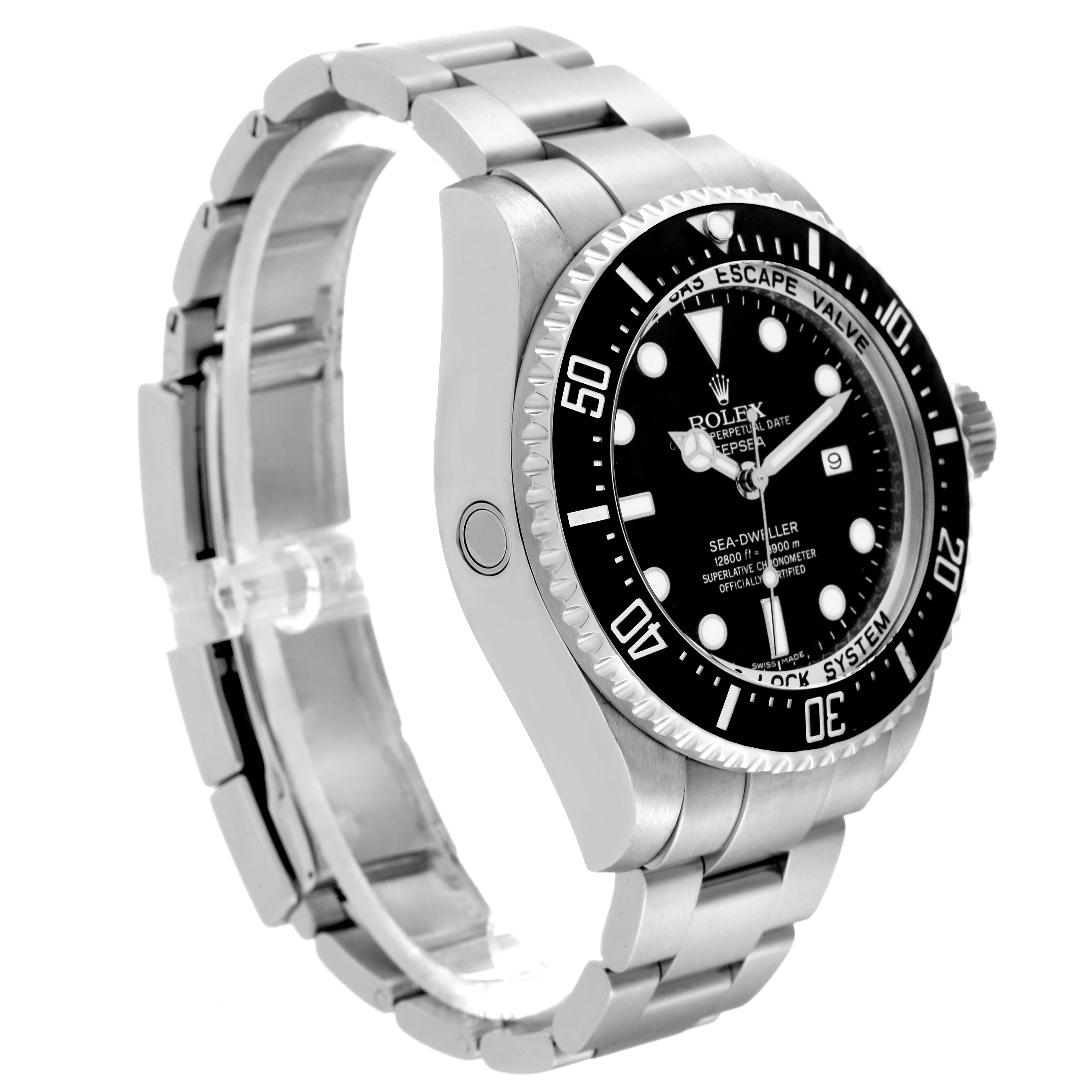 The image shows a Rolex Sea-Dweller 116660 Men
s Stainless Steel Black Dial 116660 Men
s Stainless Steel Black Dial watch at a three-quarter angle, highlighting the dial, bezel, crown, and bracelet.