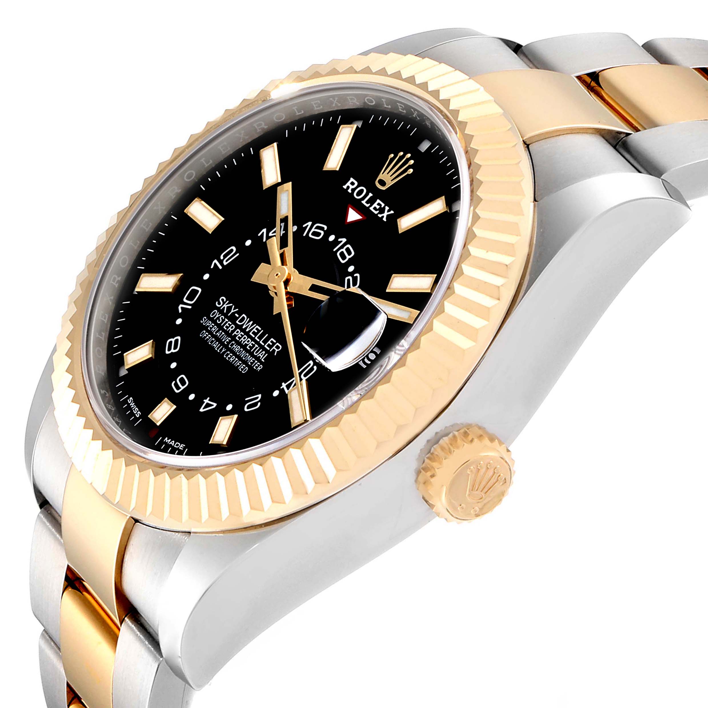 This image shows a Rolex Sky-Dweller 326933 Men's Steel and Gold (two tone) Black Dial 326933 Men's Steel and Gold (two tone) Black Dial watch at an angle highlighting the dial, bezel, crown, and bracelet.