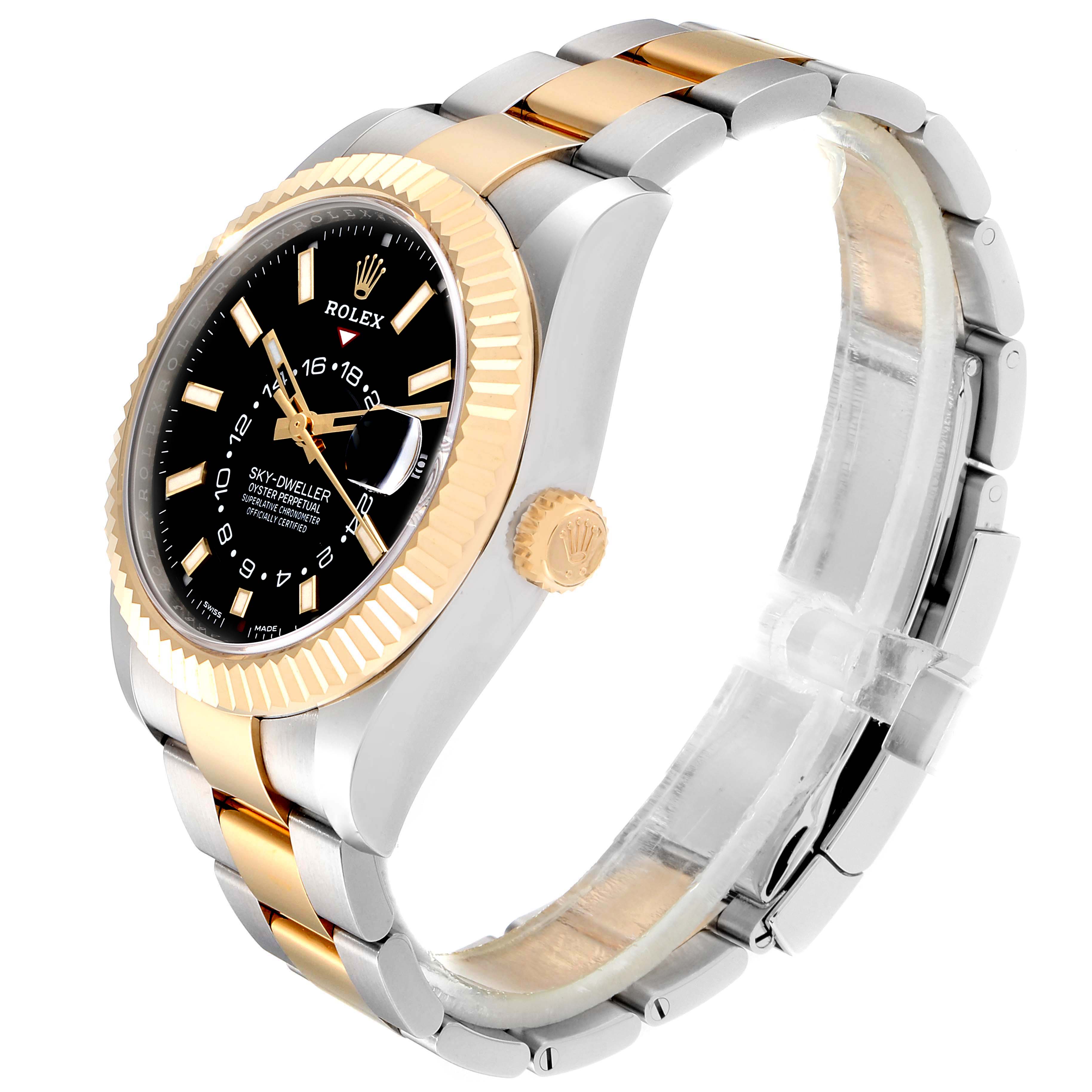 The Rolex Sky-Dweller 326933 Men's Steel and Gold (two tone) Black Dial 326933 Men's Steel and Gold (two tone) Black Dial watch is shown from an upper side angle highlighting the bezel, dial, crown, and two-tone bracelet.