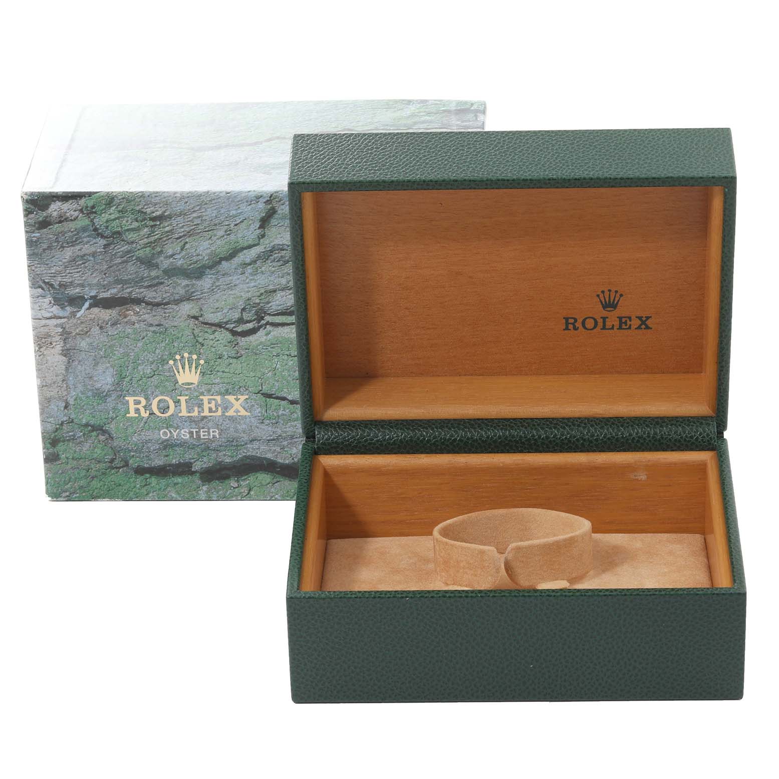 The image shows an open Rolex Submariner 16613 Men's Steel and Gold (two tone) Blue Dial 16613 Men's Steel and Gold (two tone) Blue Dial watch box and its outer packaging from a front angle.