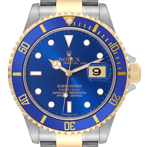 This image shows a front view of a Rolex Submariner watch, focusing on the blue dial, bezel, and part of the bracelet.