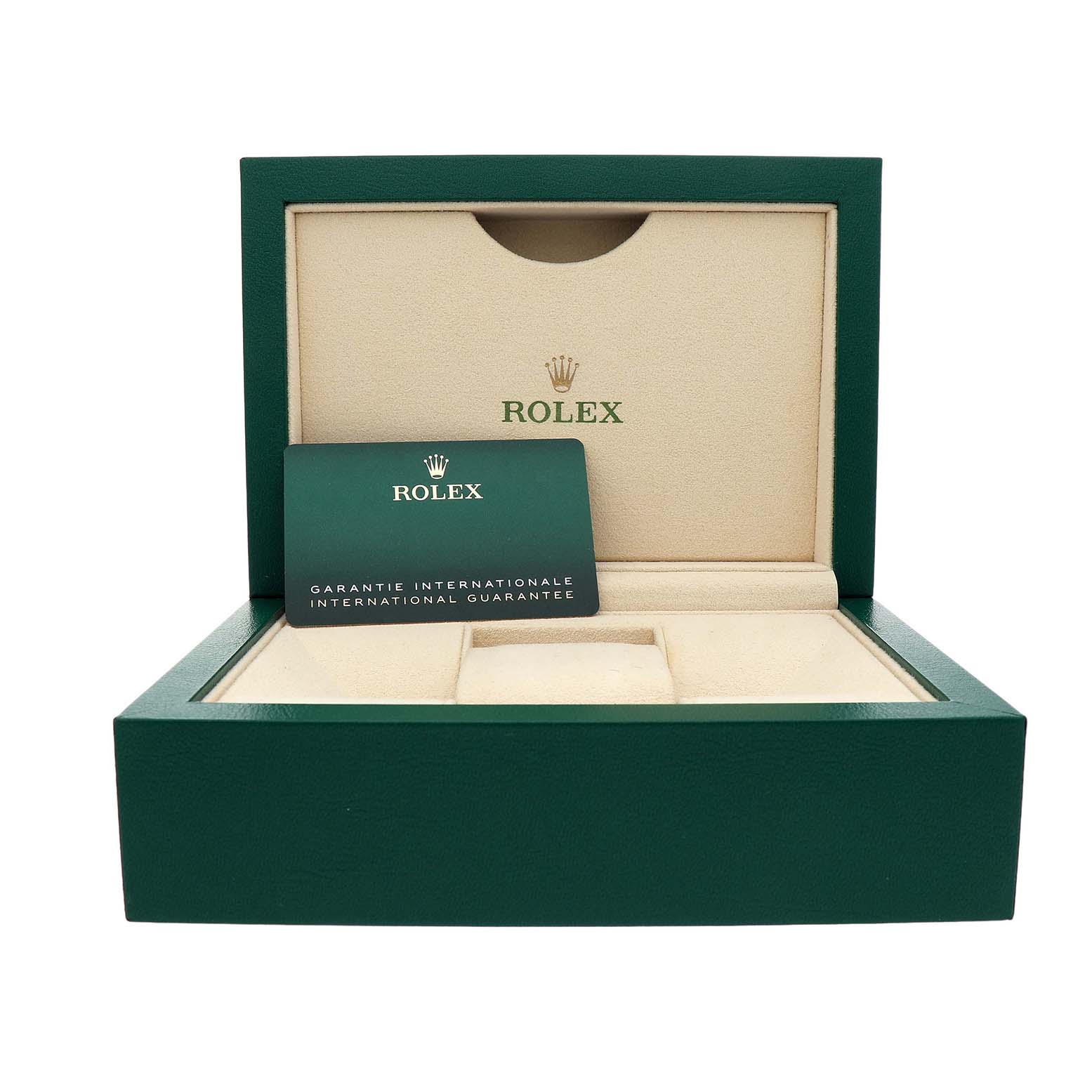 The image shows a Rolex Submariner 126610LN Men's Stainless Steel Black Dial box and warranty card, viewed from the front with the box open.