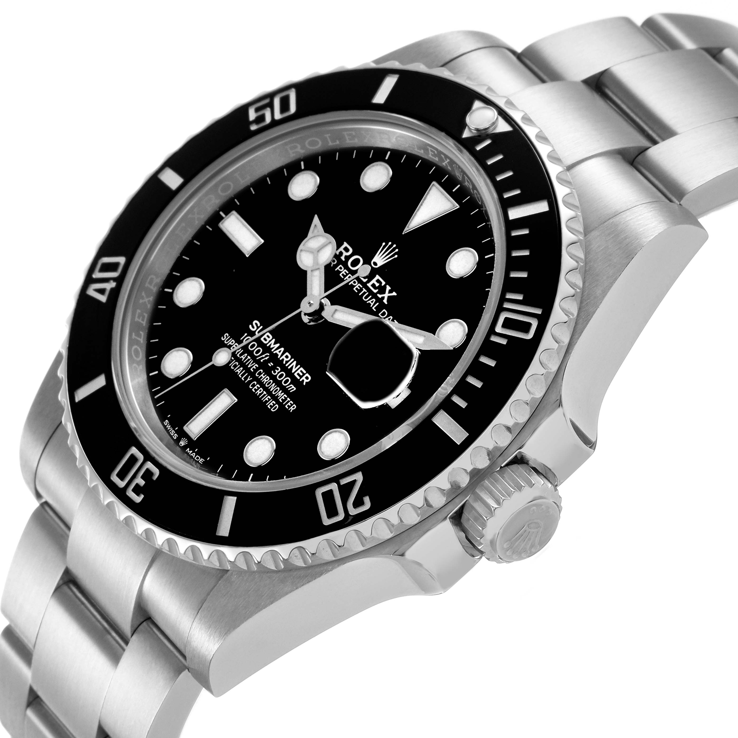 The Rolex Submariner 126610LN Men's Stainless Steel Black Dial watch is shown at a three-quarter angle, highlighting the dial, bezel, and bracelet.