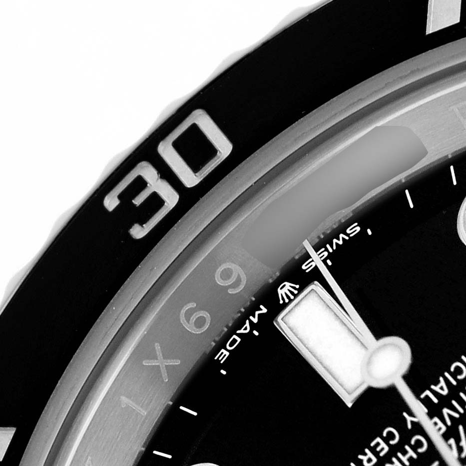 The image shows a close-up of the bezel and dial edge of a Rolex Submariner 126610LN Men's Stainless Steel Black Dial, highlighting the "30" marker and part of the "SWISS MADE" text.