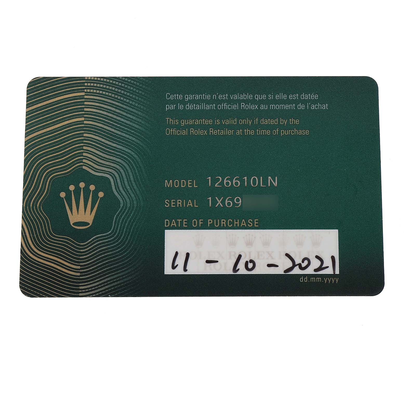 The image shows a warranty card for the Rolex Submariner 126610LN Men's Stainless Steel Black Dial model 126610LN.