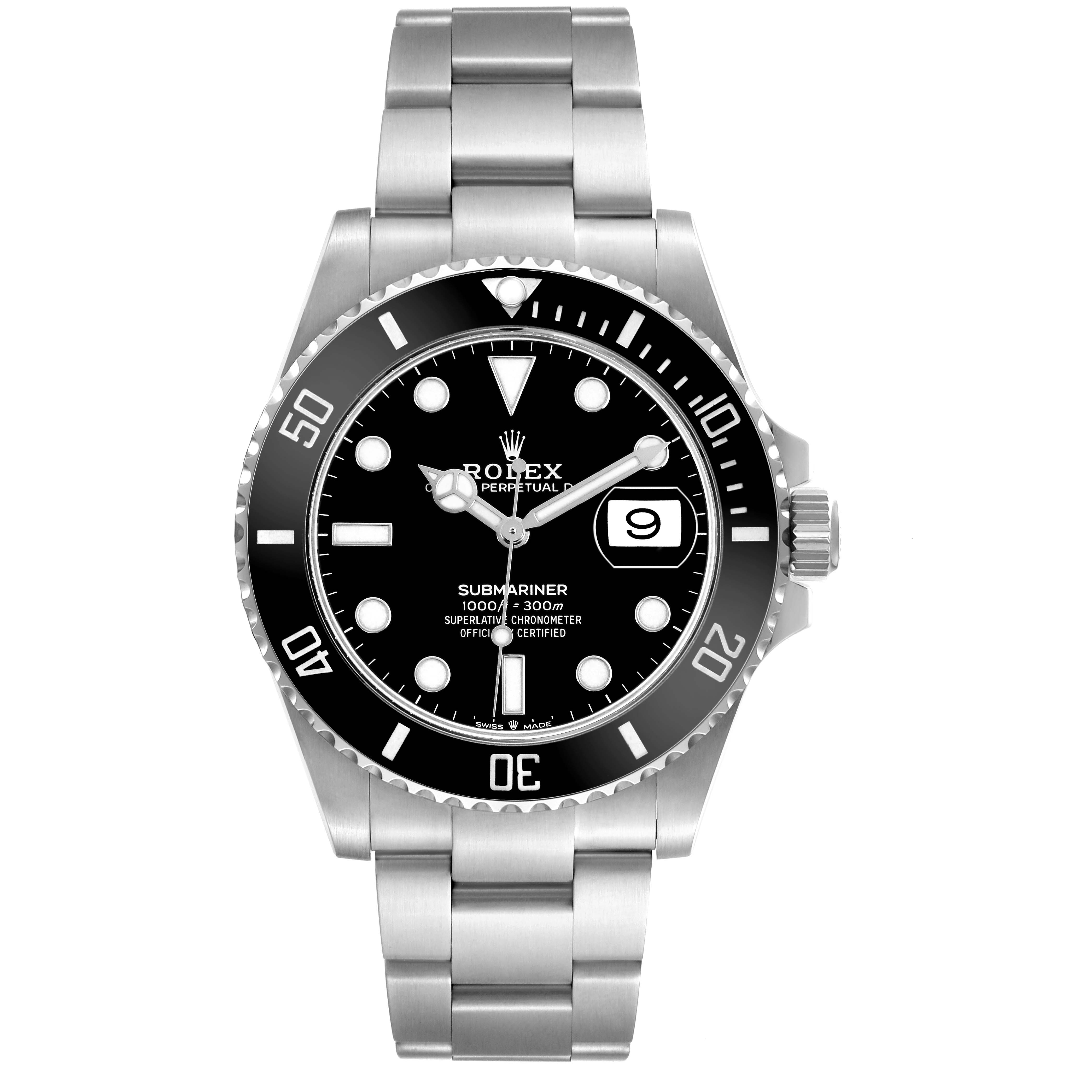 The Rolex Submariner 126610LN Men's Stainless Steel Black Dial watch is shown from the front, displaying the face, bezel, and bracelet.
