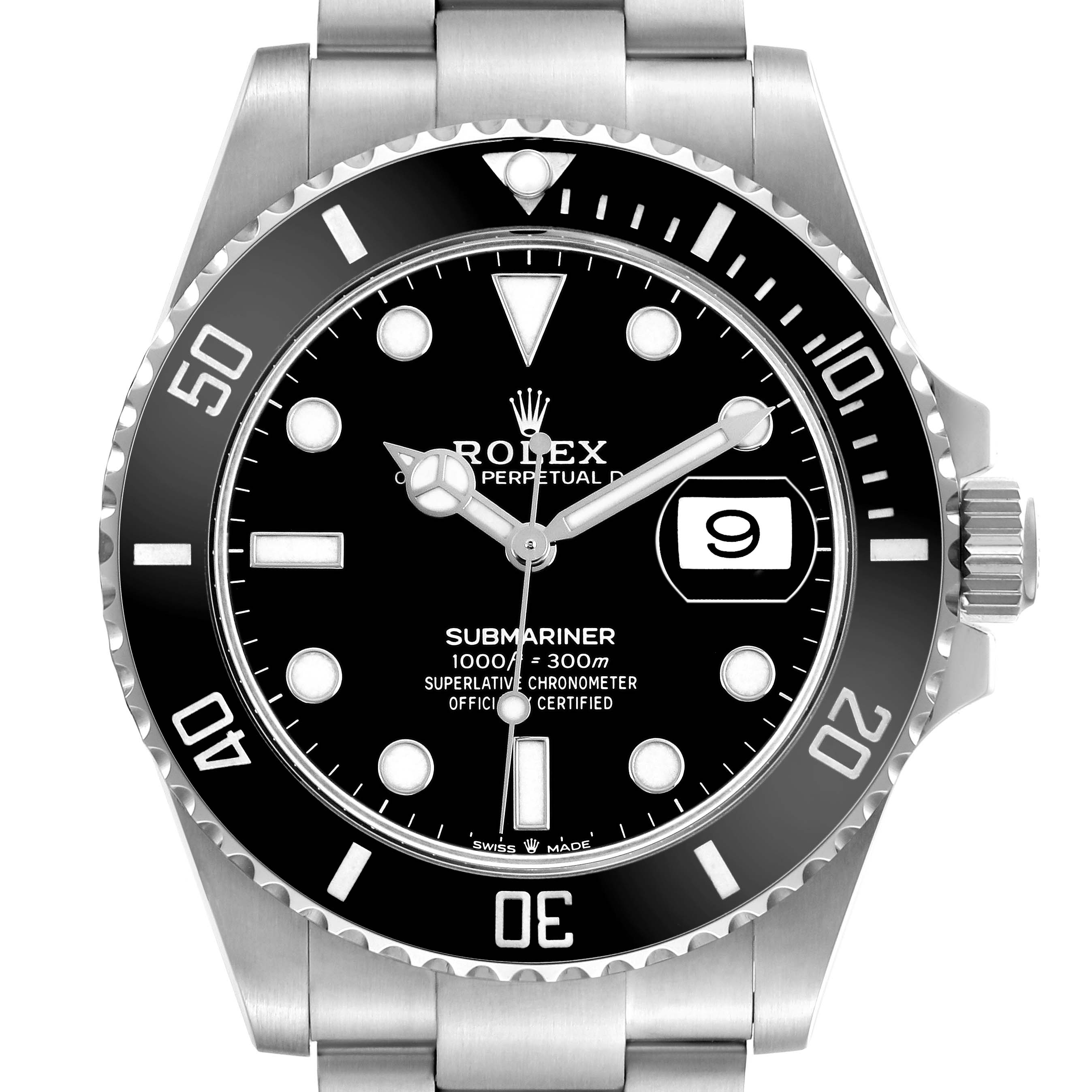 The Rolex Submariner 126610LN Men's Stainless Steel Black Dial watch is shown from the front, highlighting its dial, bezel, crown, and partially the bracelet.