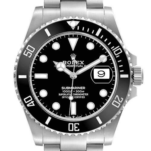 The Rolex Submariner 126610LN Men's Stainless Steel Black Dial watch is shown from the front, highlighting the dial, bezel, and crown.