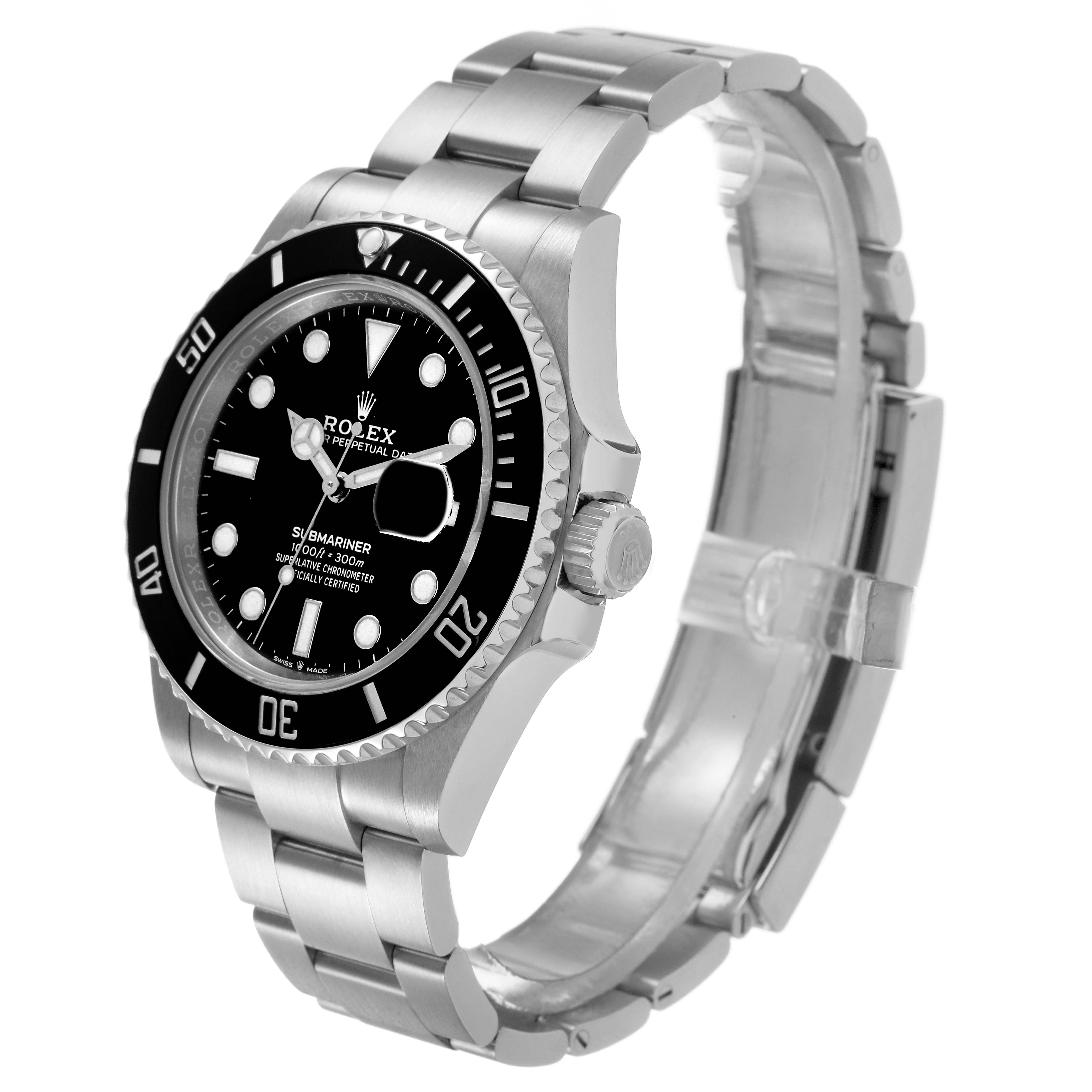 The Rolex Submariner 126610LN Men's Stainless Steel Black Dial watch is shown at a three-quarter angle, displaying the face, bracelet, and crown.