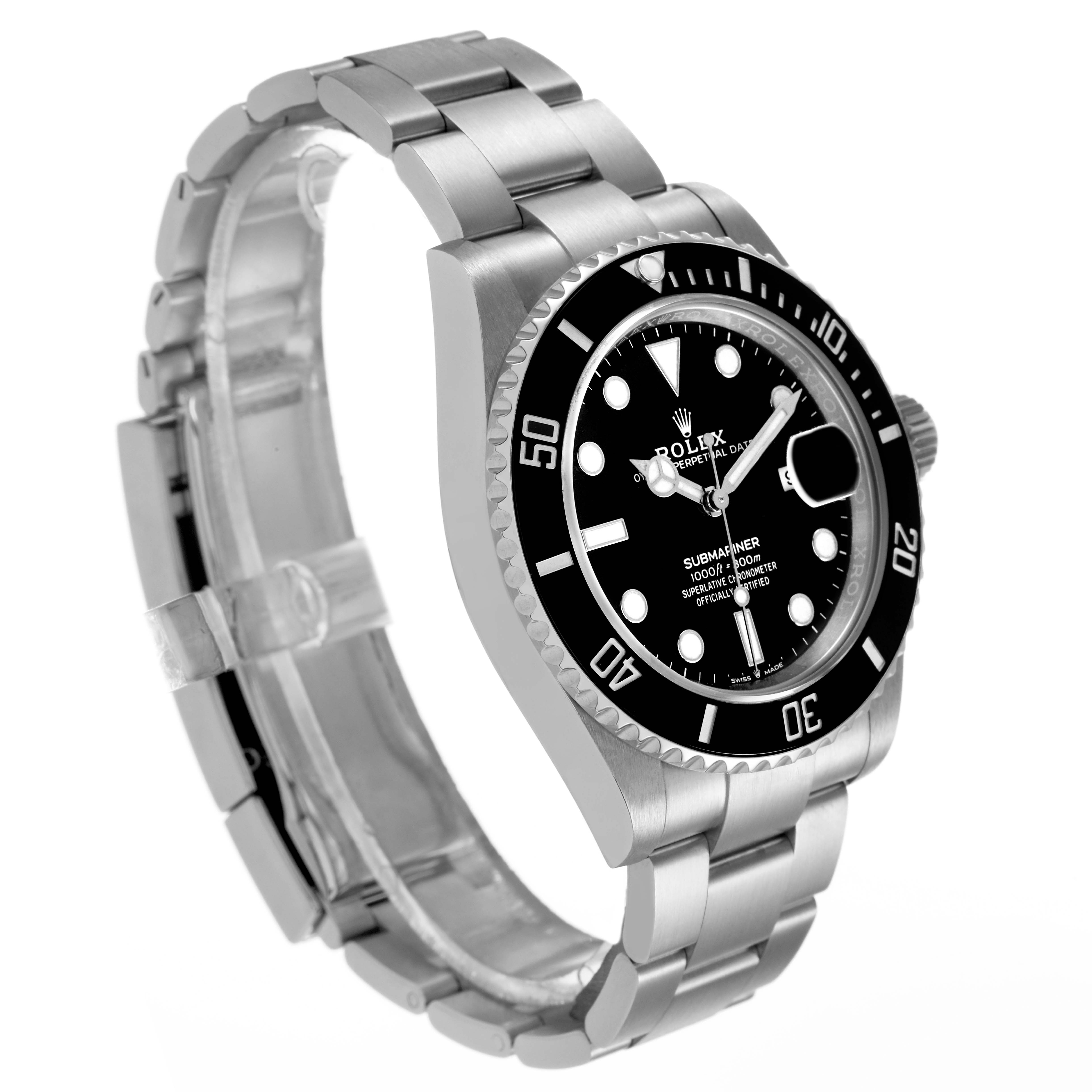 The Rolex Submariner 126610LN Men's Stainless Steel Black Dial watch is shown at a slight angle, displaying the face, bezel, bracelet, and part of the clasp.