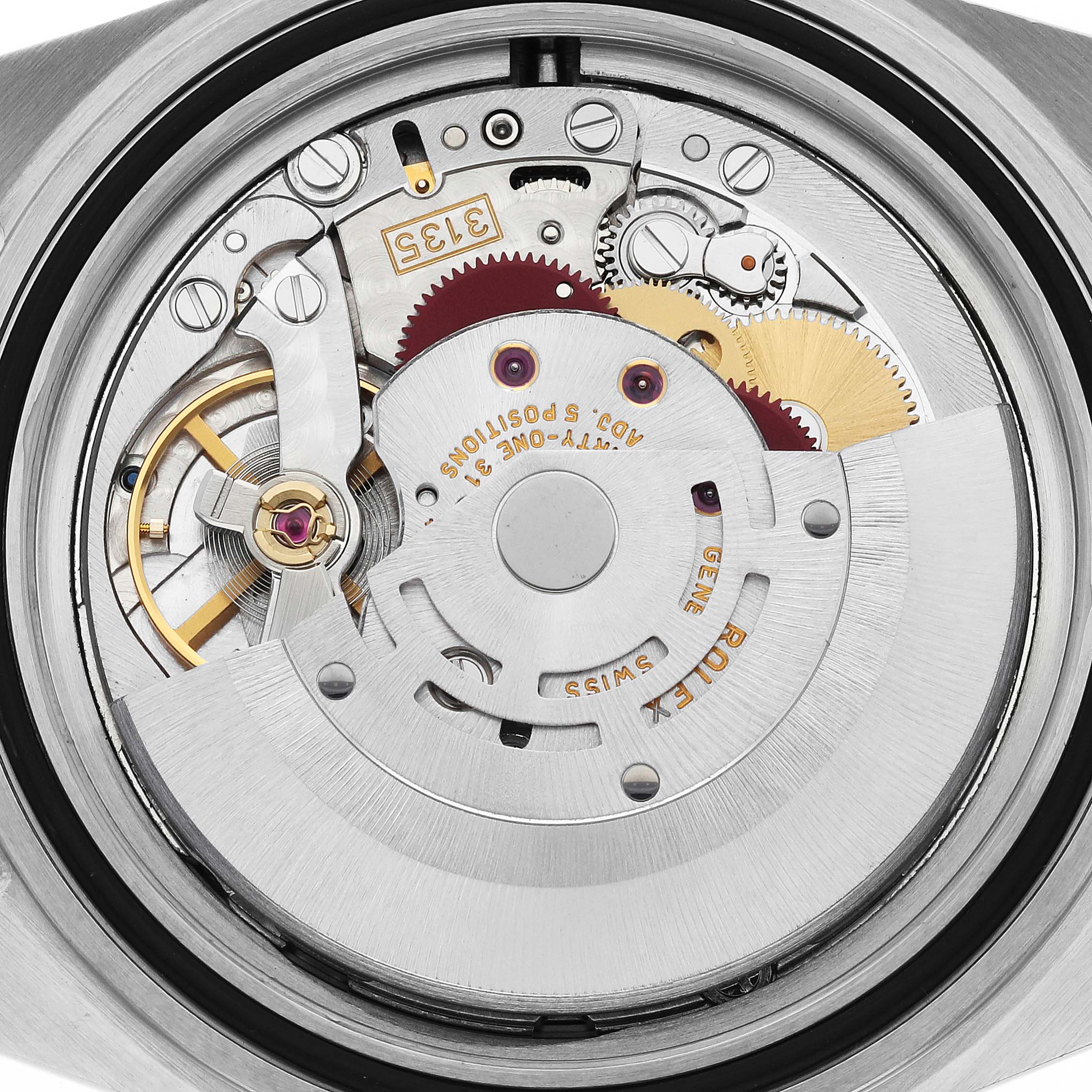 This image shows the intricate internal mechanism of a Rolex Submariner 16610 Men's Stainless Steel Black Dial 16610 Men's Stainless Steel Black Dial watch from a top-down angle.