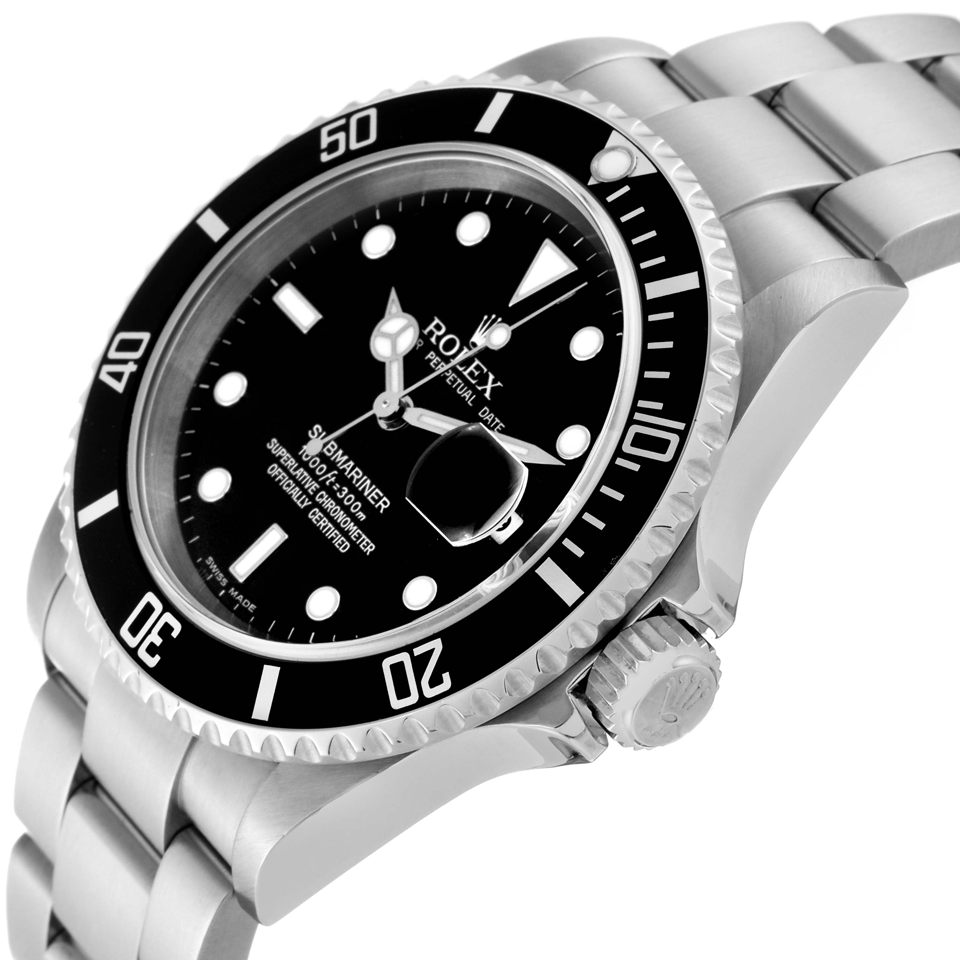 The image shows a Rolex Submariner 16610 Men's Stainless Steel Black Dial 16610 Men's Stainless Steel Black Dial watch at an angle displaying the face, bezel, and part of the bracelet.