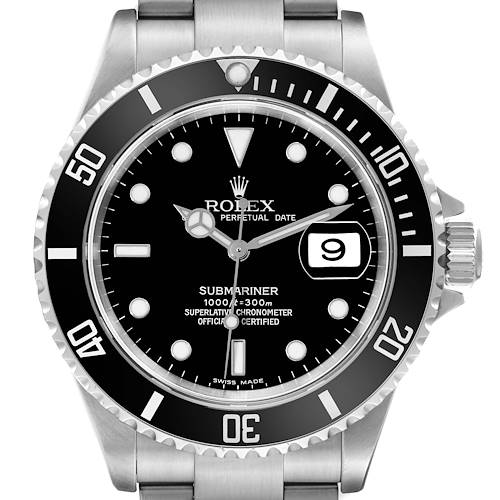 The image shows a front view of the Rolex Submariner watch, highlighting the dial, bezel, and part of the bracelet.