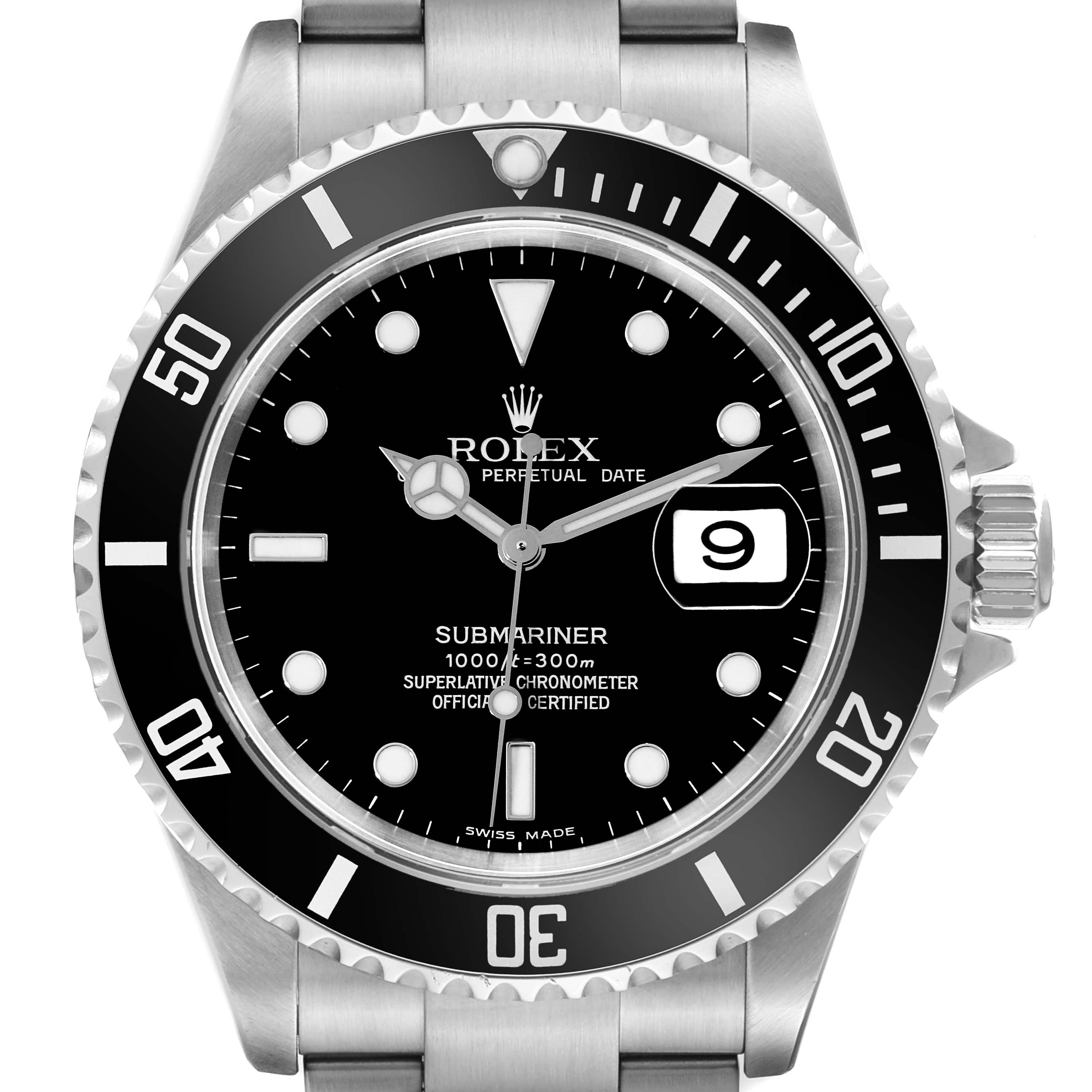 The image shows a front view of the Rolex Submariner 16610 Men's Stainless Steel Black Dial 16610 Men's Stainless Steel Black Dial watch, displaying its dial, bezel, and bracelet.