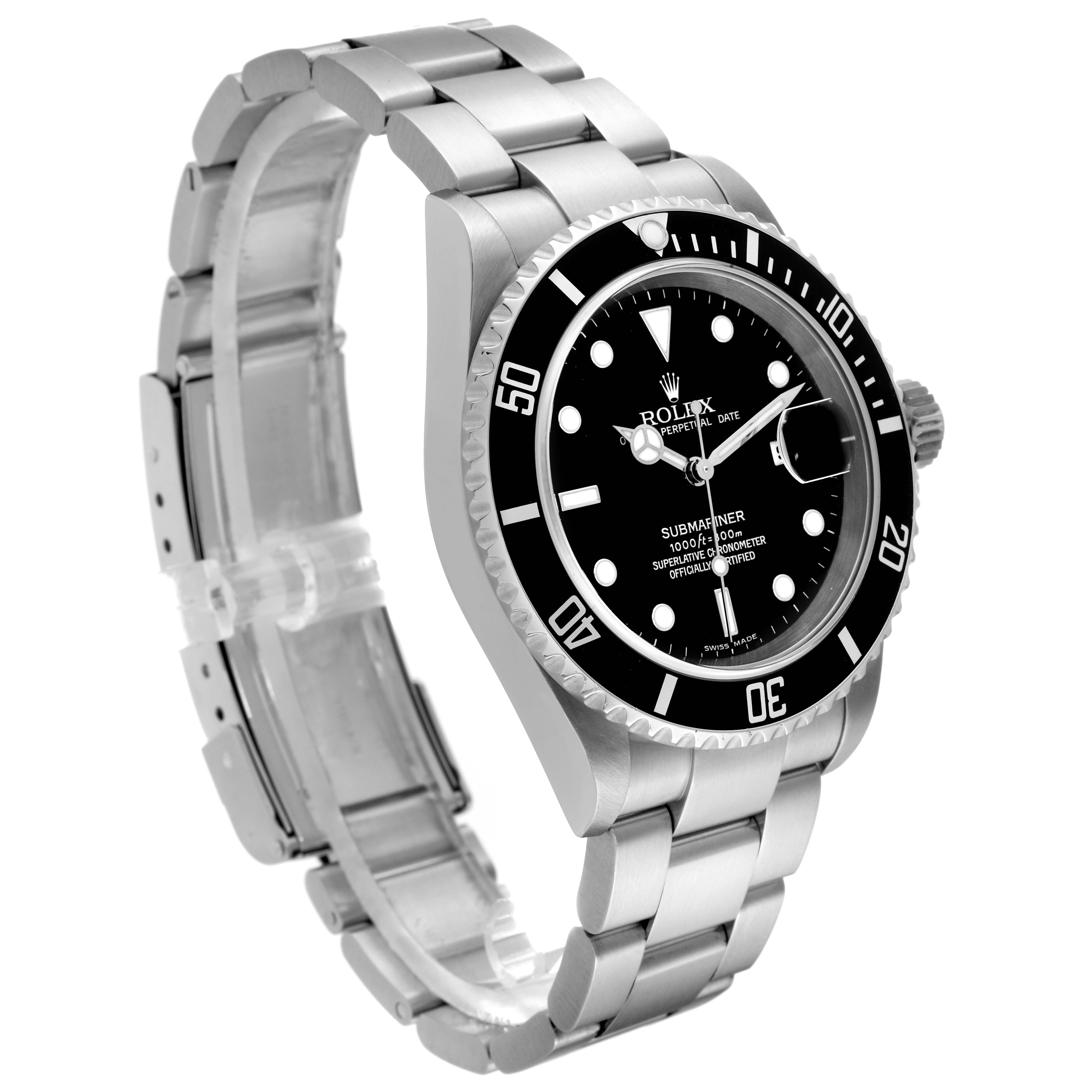 This image shows a Rolex Submariner 16610 Men's Stainless Steel Black Dial 16610 Men's Stainless Steel Black Dial watch from a slight side angle, highlighting the face, bezel, crown, and bracelet.