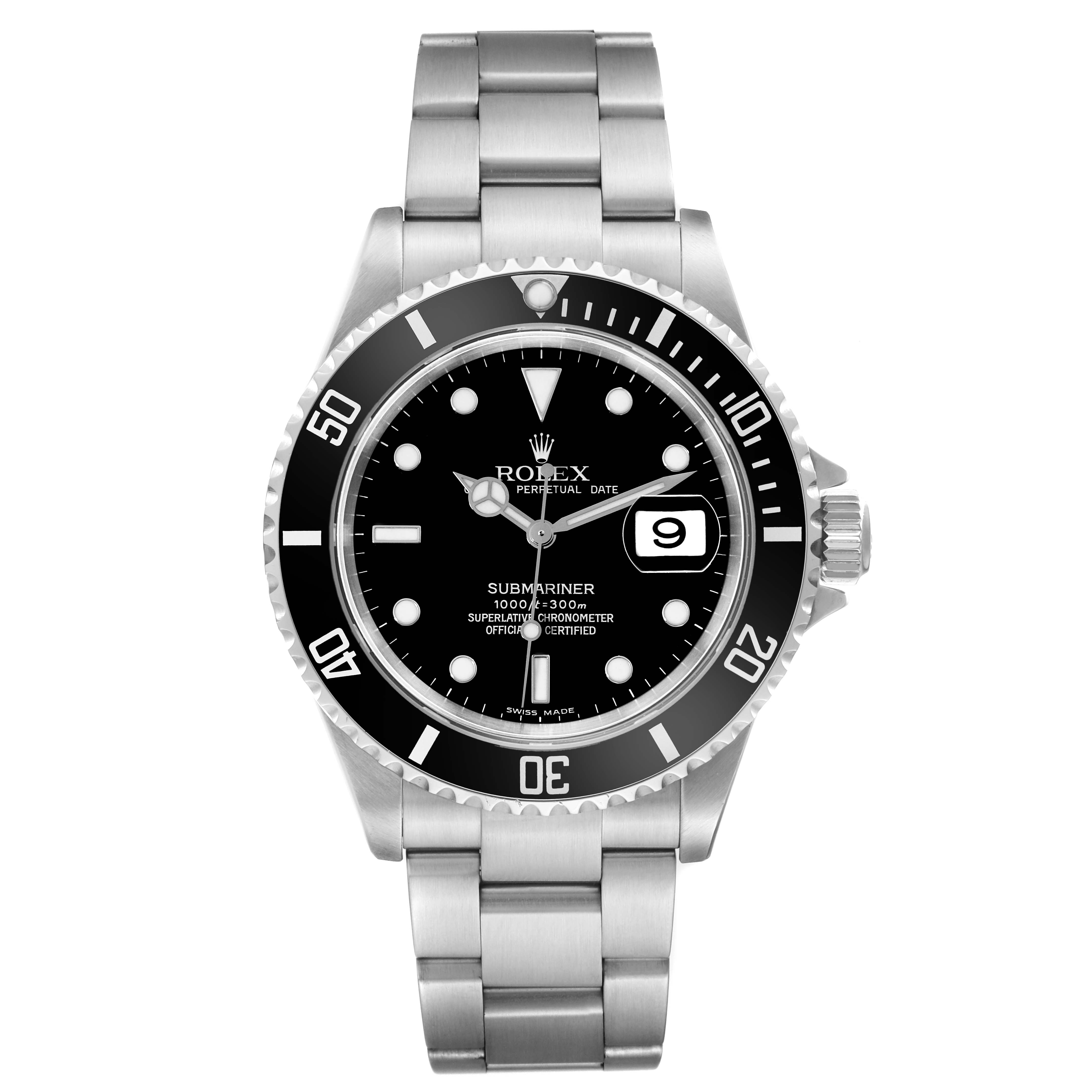 This image shows a front view of a Rolex Submariner 16610 Men's Stainless Steel Black Dial 16610 Men's Stainless Steel Black Dial watch, highlighting its face, bezel, and bracelet.