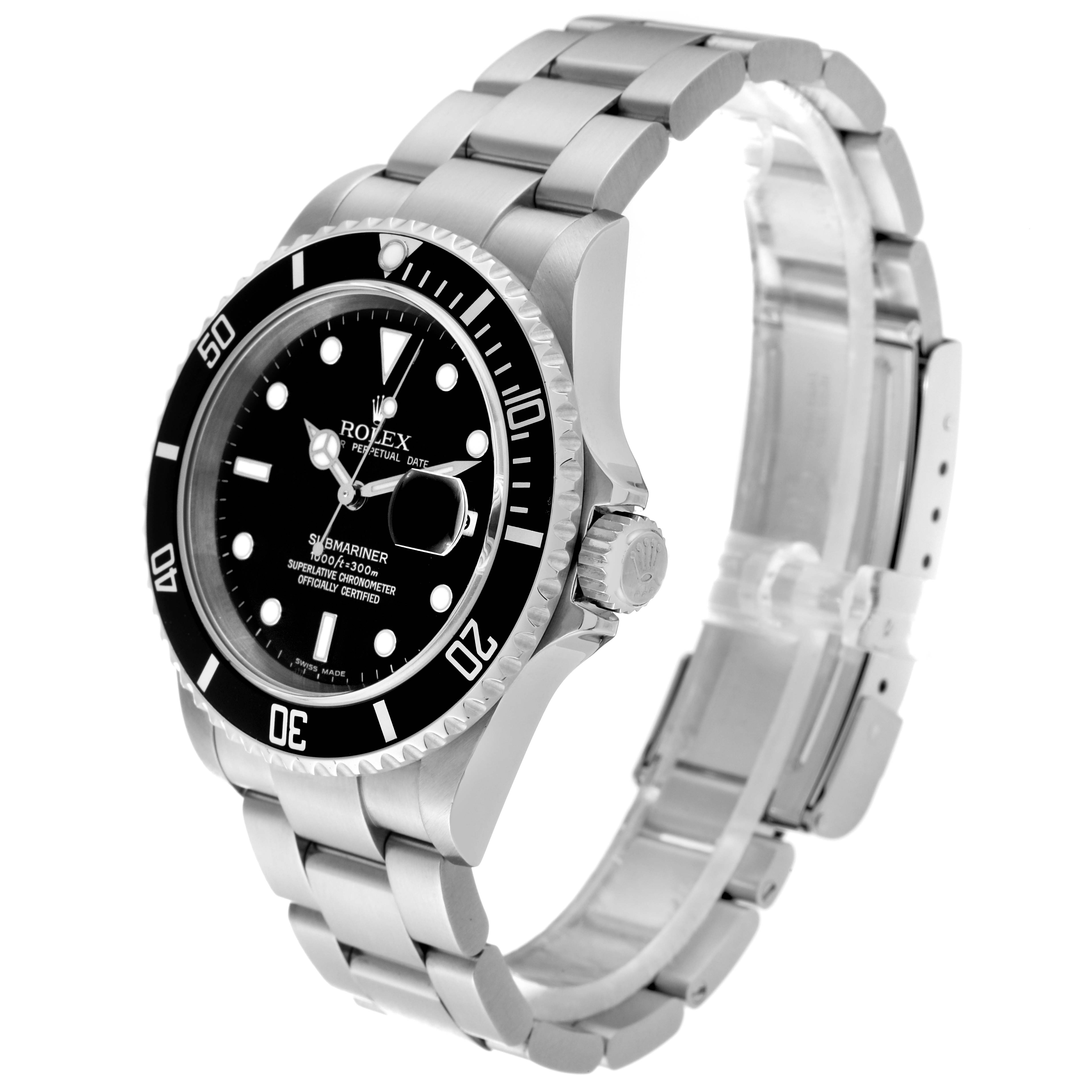 This image shows a Rolex Submariner 16610 Men's Stainless Steel Black Dial 16610 Men's Stainless Steel Black Dial watch at a three-quarter angle, highlighting the face, bezel, crown, and bracelet.