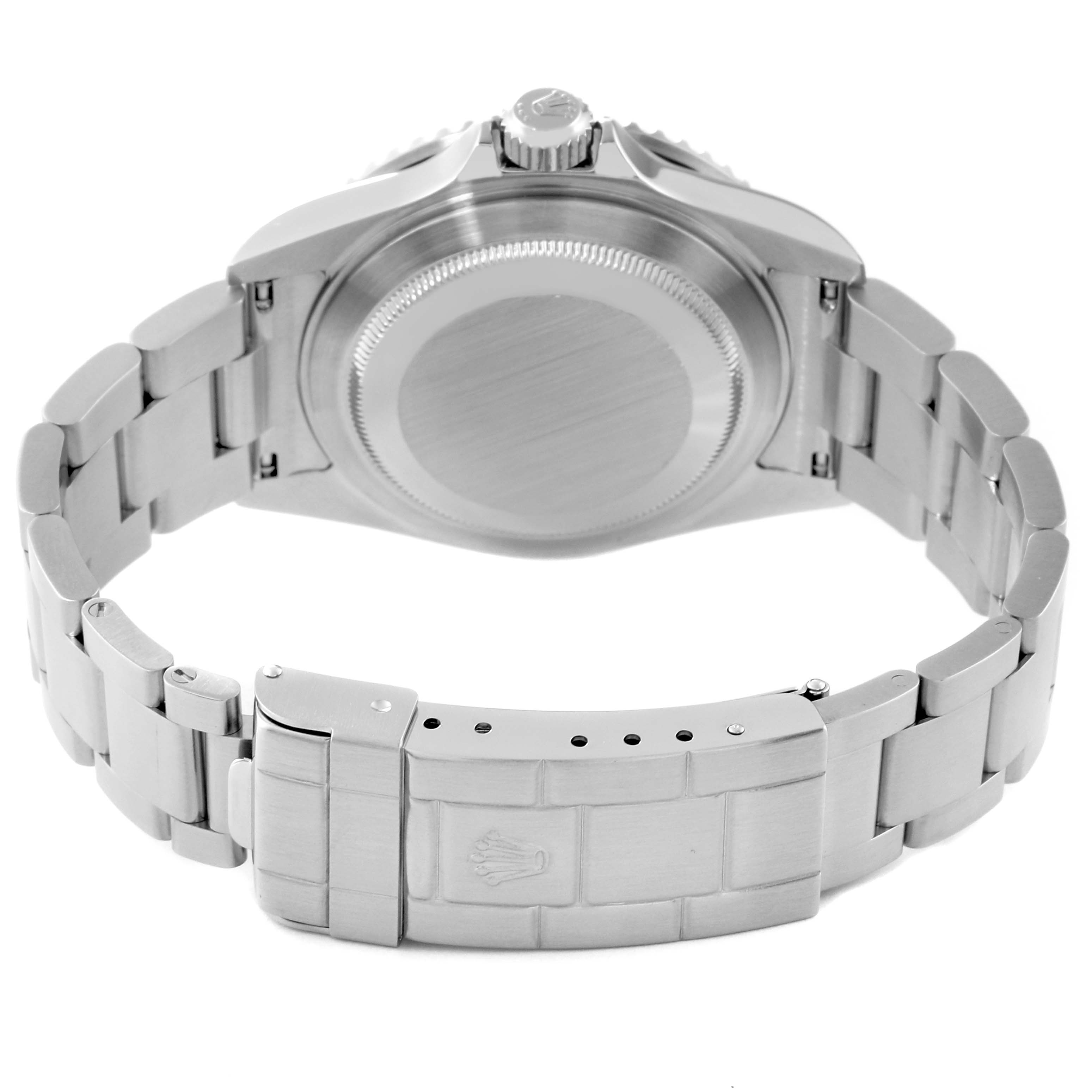 This image shows the back view of a Rolex Submariner 16610 Men's Stainless Steel Black Dial 16610 Men's Stainless Steel Black Dial, highlighting its case back, bracelet, and clasp.