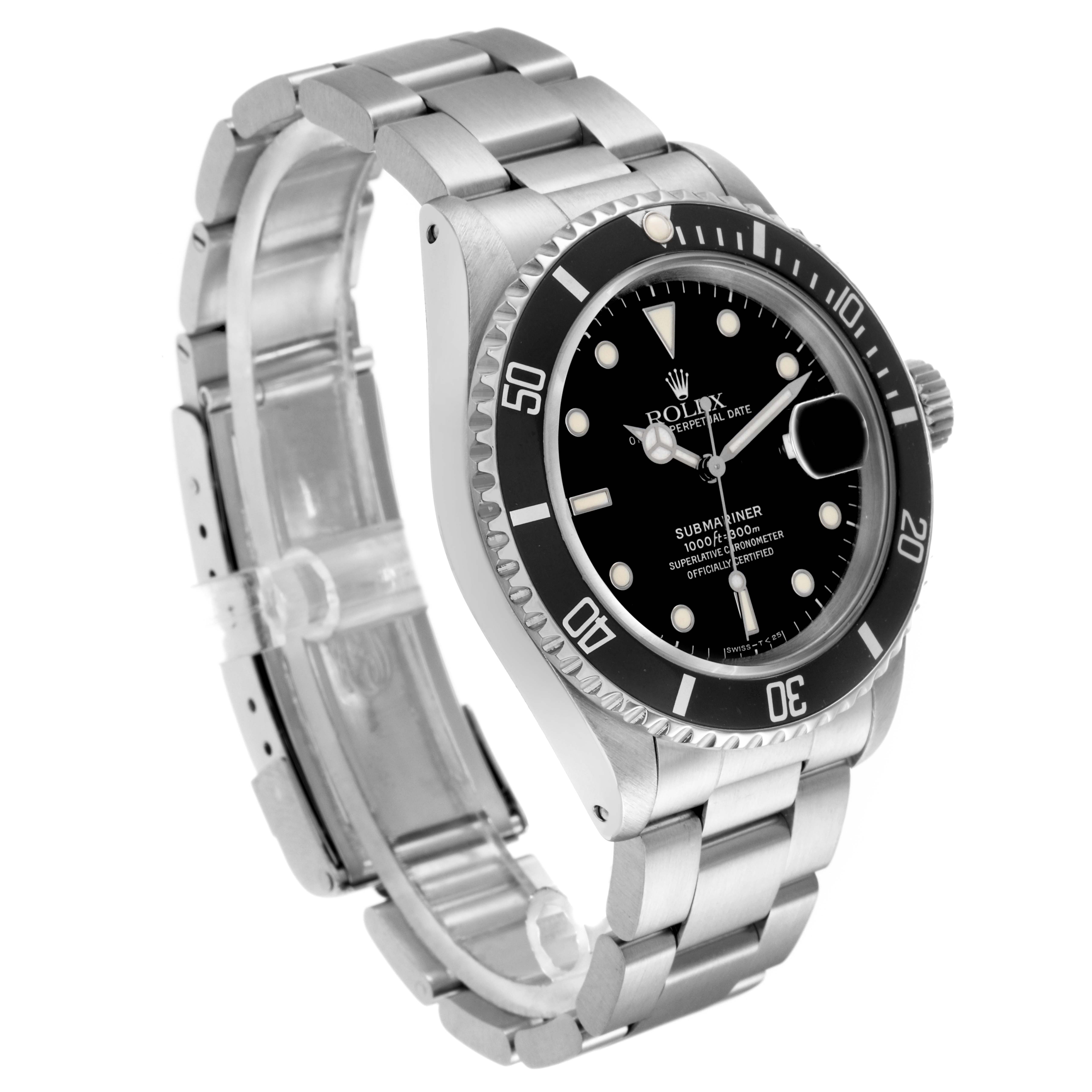 The Rolex Submariner model 16610 is shown at a three-quarter angle displaying the bracelet, bezel, crown, and dial with a focus on the case and link design.