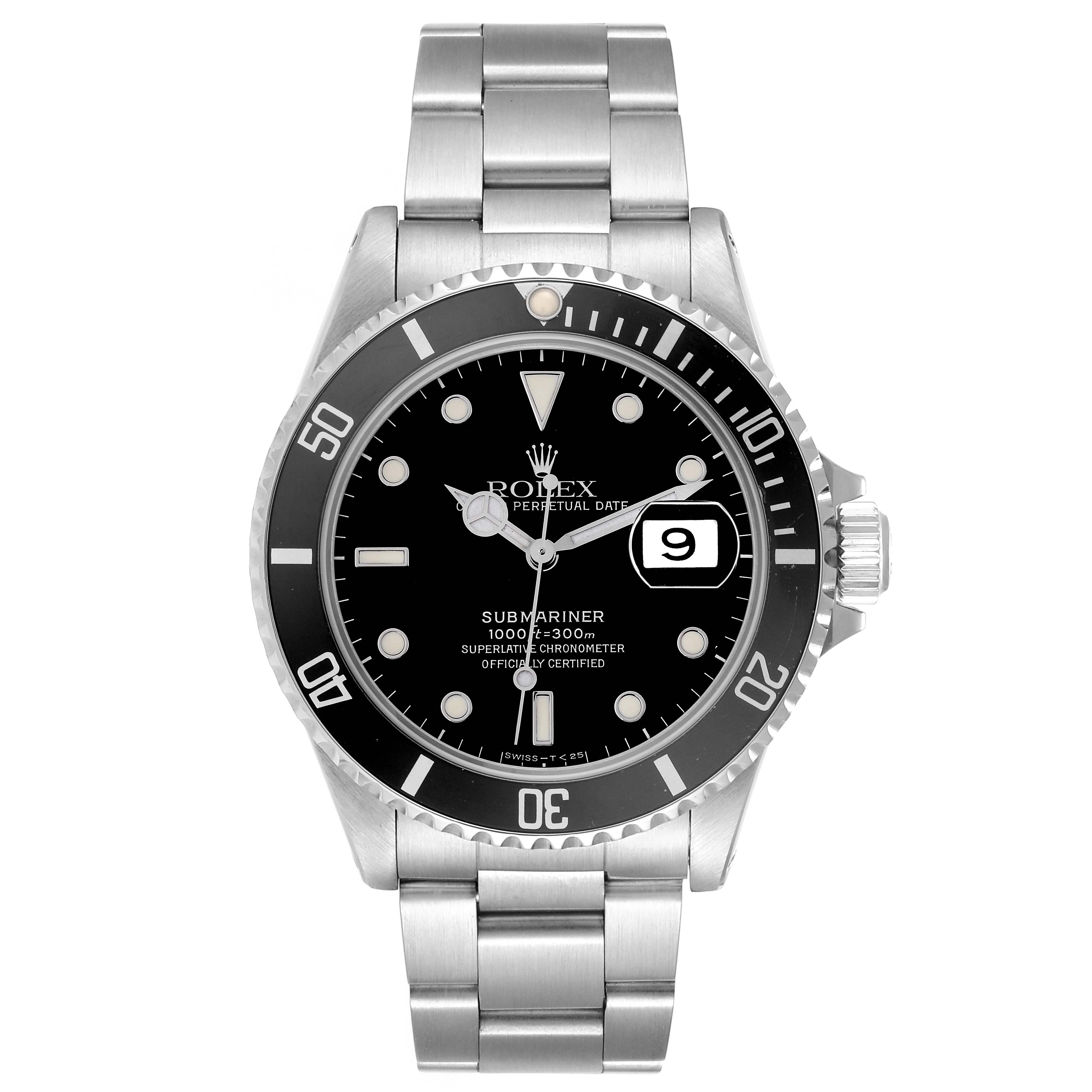 The Rolex Submariner model 16610 is shown from a top-down angle, displaying the watch face, bezel, and bracelet.
