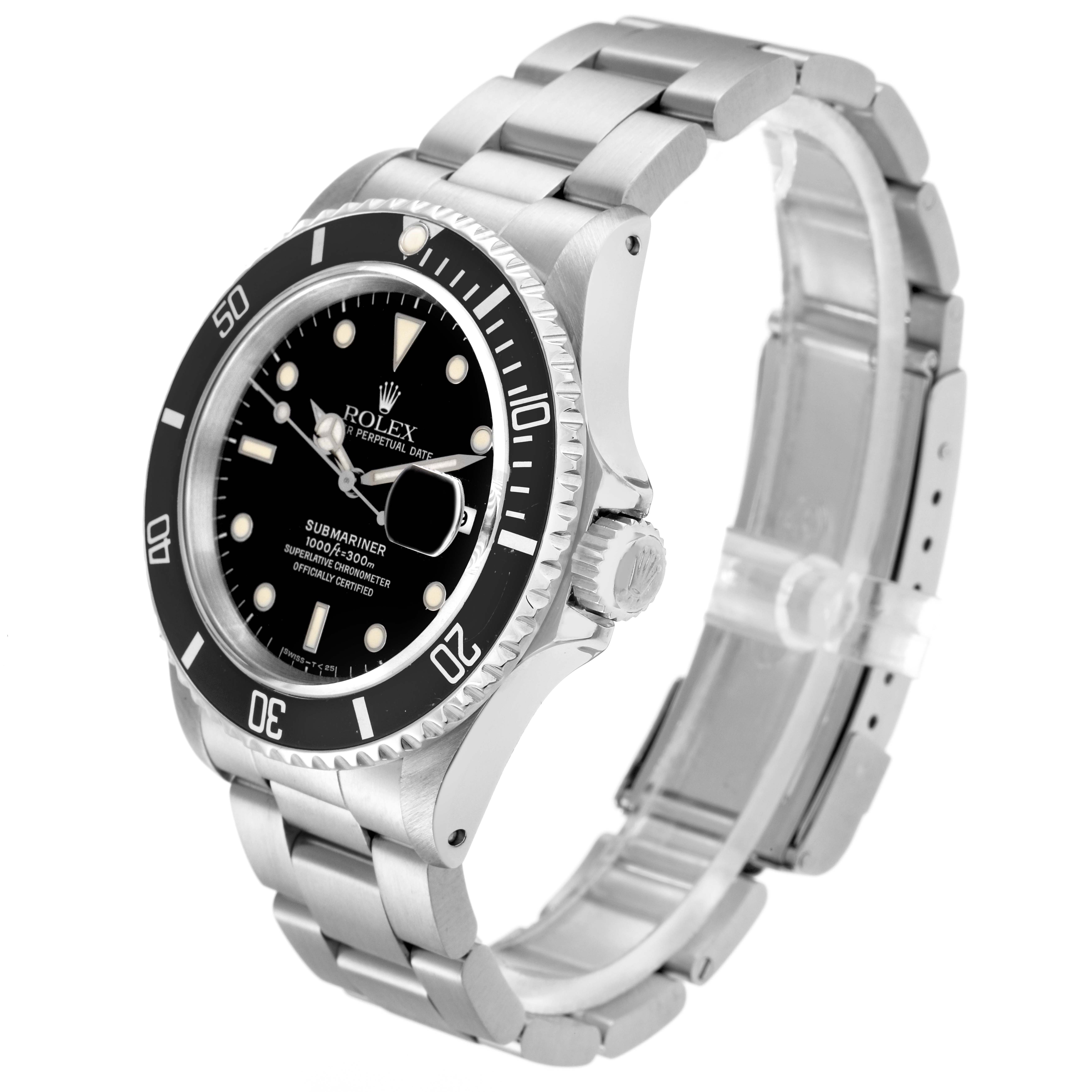 The Rolex Submariner model 16610 is shown at a three-quarter angle, highlighting the dial, bezel, and stainless steel bracelet.