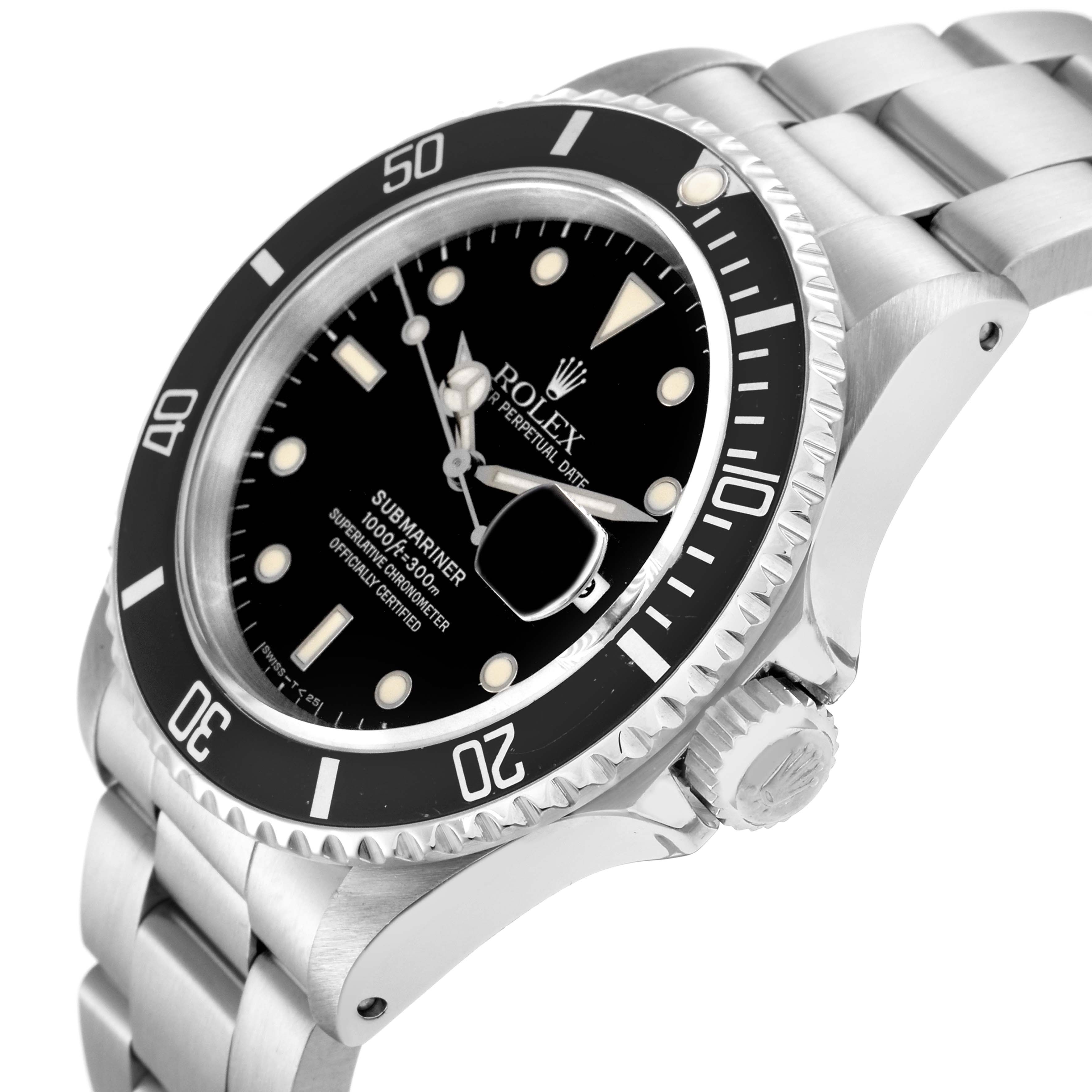 The image shows a Rolex Submariner model 16610 at an angled view, displaying its bezel, dial, crown, and part of the bracelet.