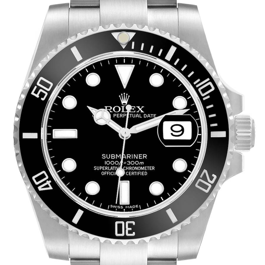 The image shows a frontal view of a Rolex Submariner model 116610, highlighting the dial, bezel, and part of the bracelet.