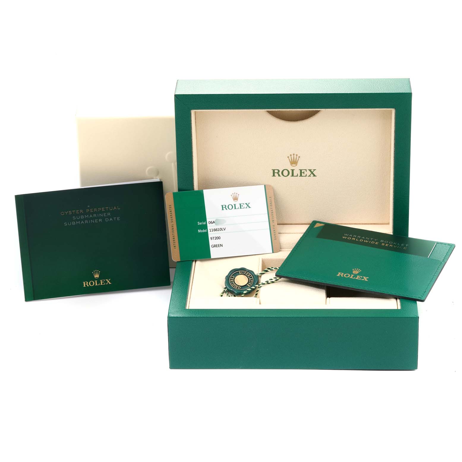 The image shows the packaging, warranty booklet, card, hangtags, and manuals of a Rolex Submariner 116610LV Men's Stainless Steel Green Dial 116610LV Men's Stainless Steel Green Dial watch.