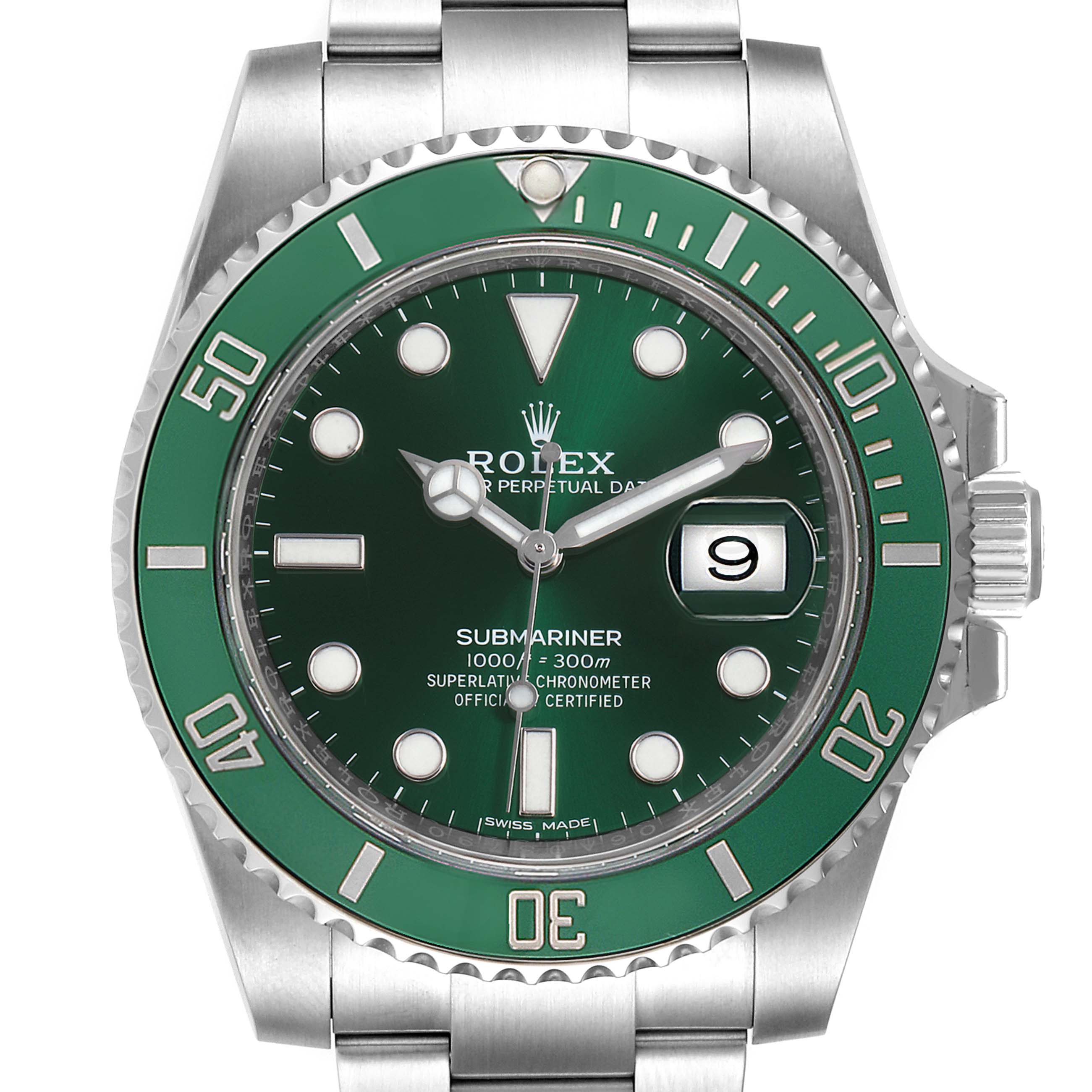 This image shows a front view of a Rolex Submariner 116610LV Men's Stainless Steel Green Dial 116610LV Men's Stainless Steel Green Dial watch, highlighting its green bezel, green dial, and stainless steel bracelet.