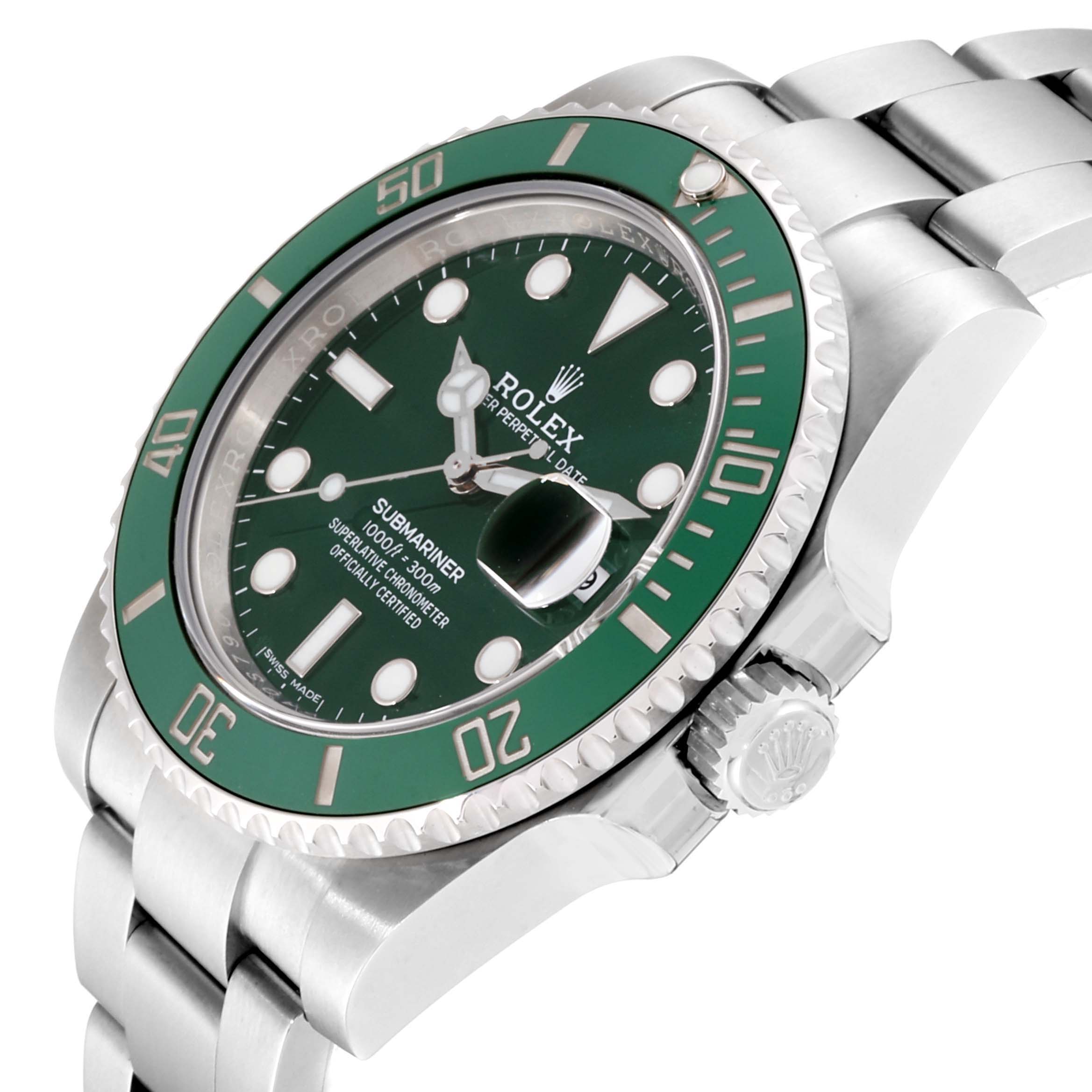 The Rolex Submariner 116610LV Men's Stainless Steel Green Dial 116610LV Men's Stainless Steel Green Dial watch is shown from a 3/4 angle, highlighting the dial, bezel, crown, and part of the bracelet.