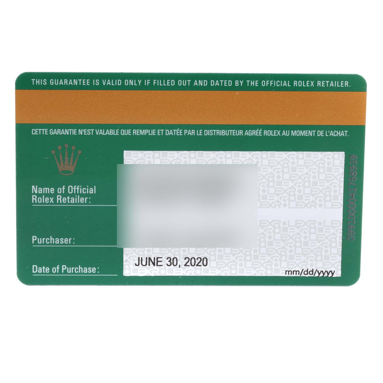 The image shows a guarantee card for the Rolex Submariner 116610LV Men's Stainless Steel Green Dial 116610LV Men's Stainless Steel Green Dial, including retailer, purchaser details, and date of purchase.