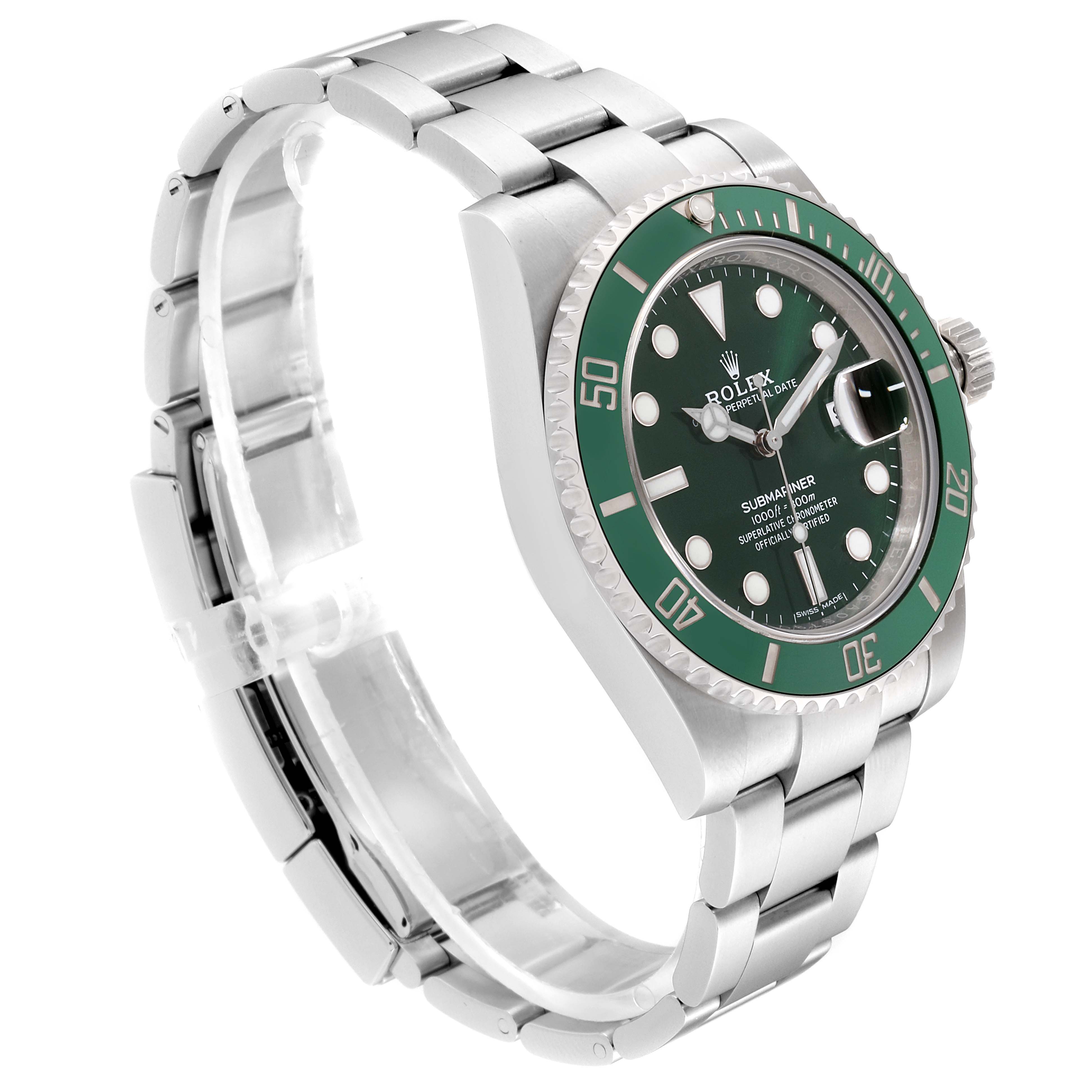 The image shows a side angle of a Rolex Submariner 116610LV Men's Stainless Steel Green Dial 116610LV Men's Stainless Steel Green Dial, displaying its green bezel, dial, crown, and stainless steel bracelet.