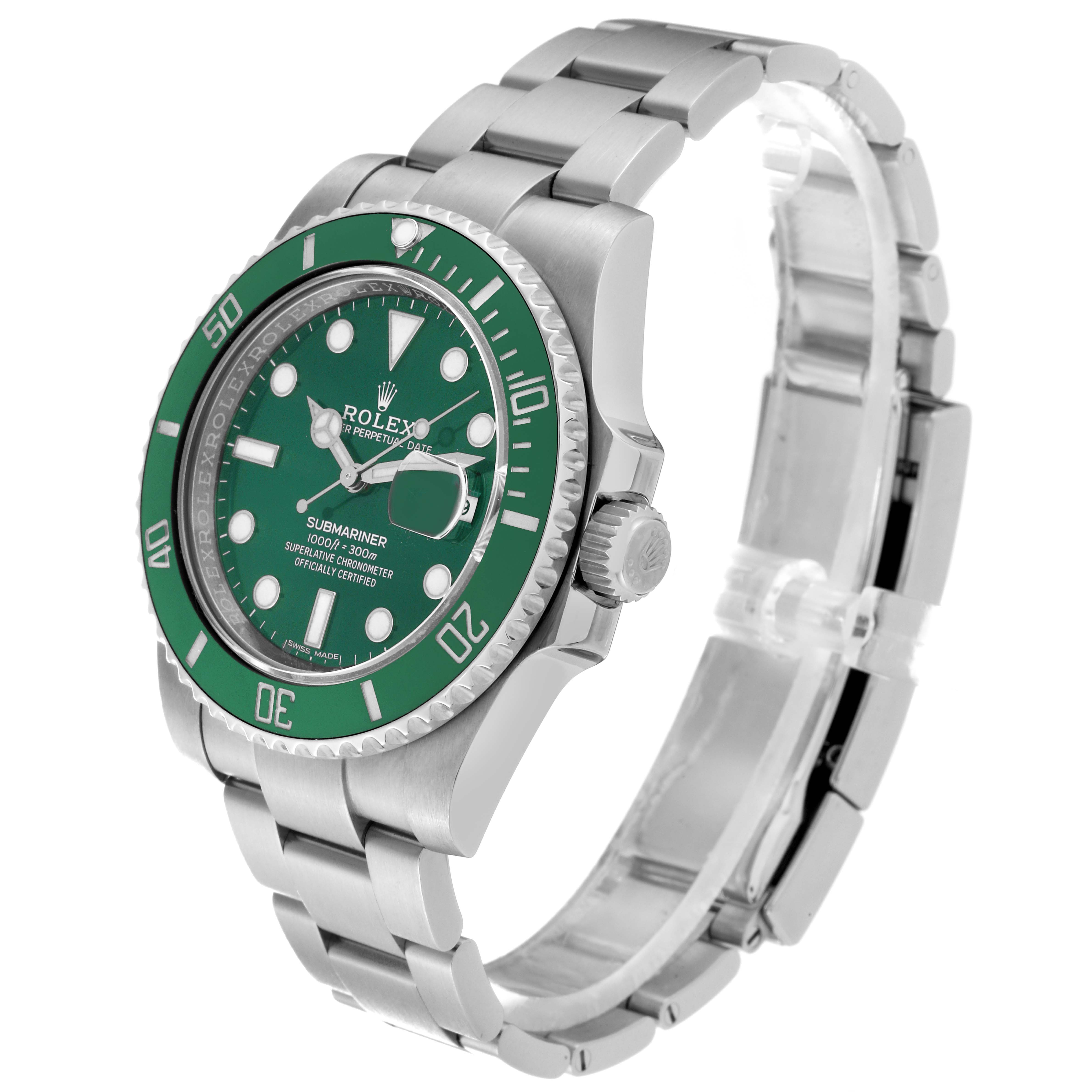 The image shows a side-angle view of a Rolex Submariner 116610LV Men
s Stainless Steel Green Dial 116610LV Men
s Stainless Steel Green Dial watch, highlighting the green dial, bezel, and stainless steel bracelet.